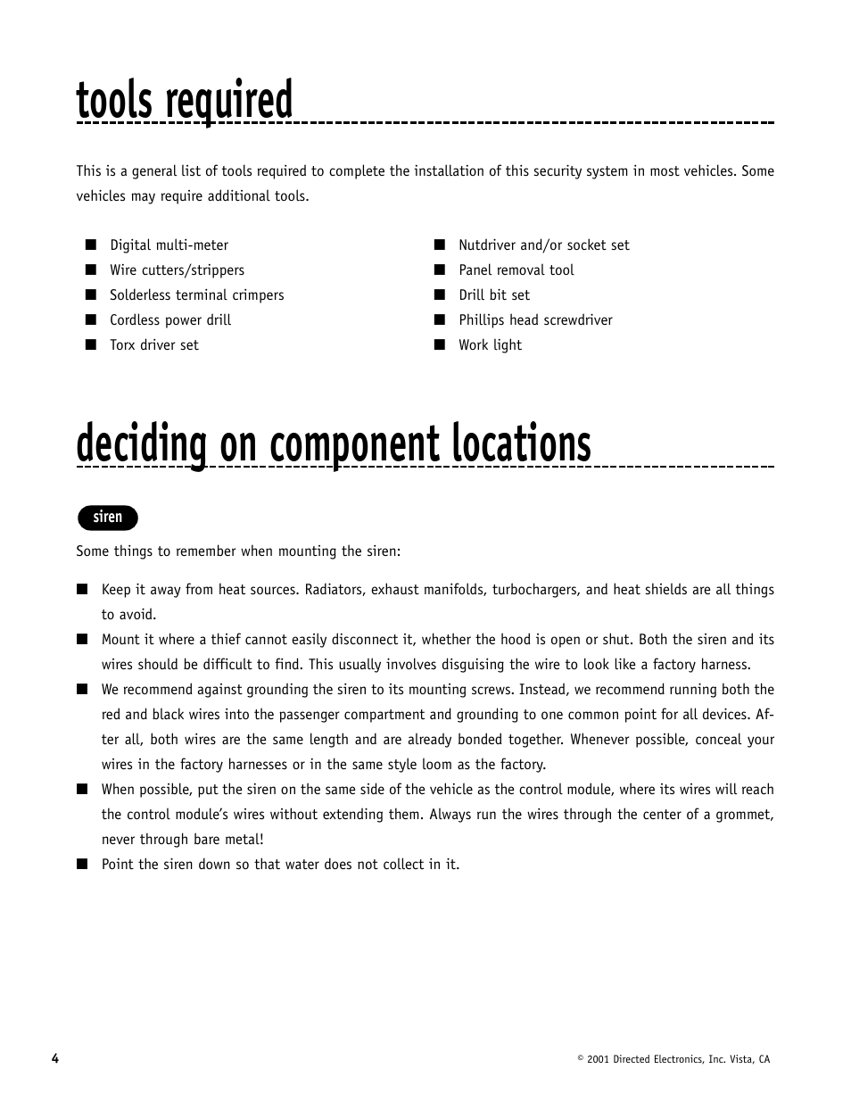 Tools required, Deciding on component locations | Hornet Car Security 700T User Manual | Page 4 / 28