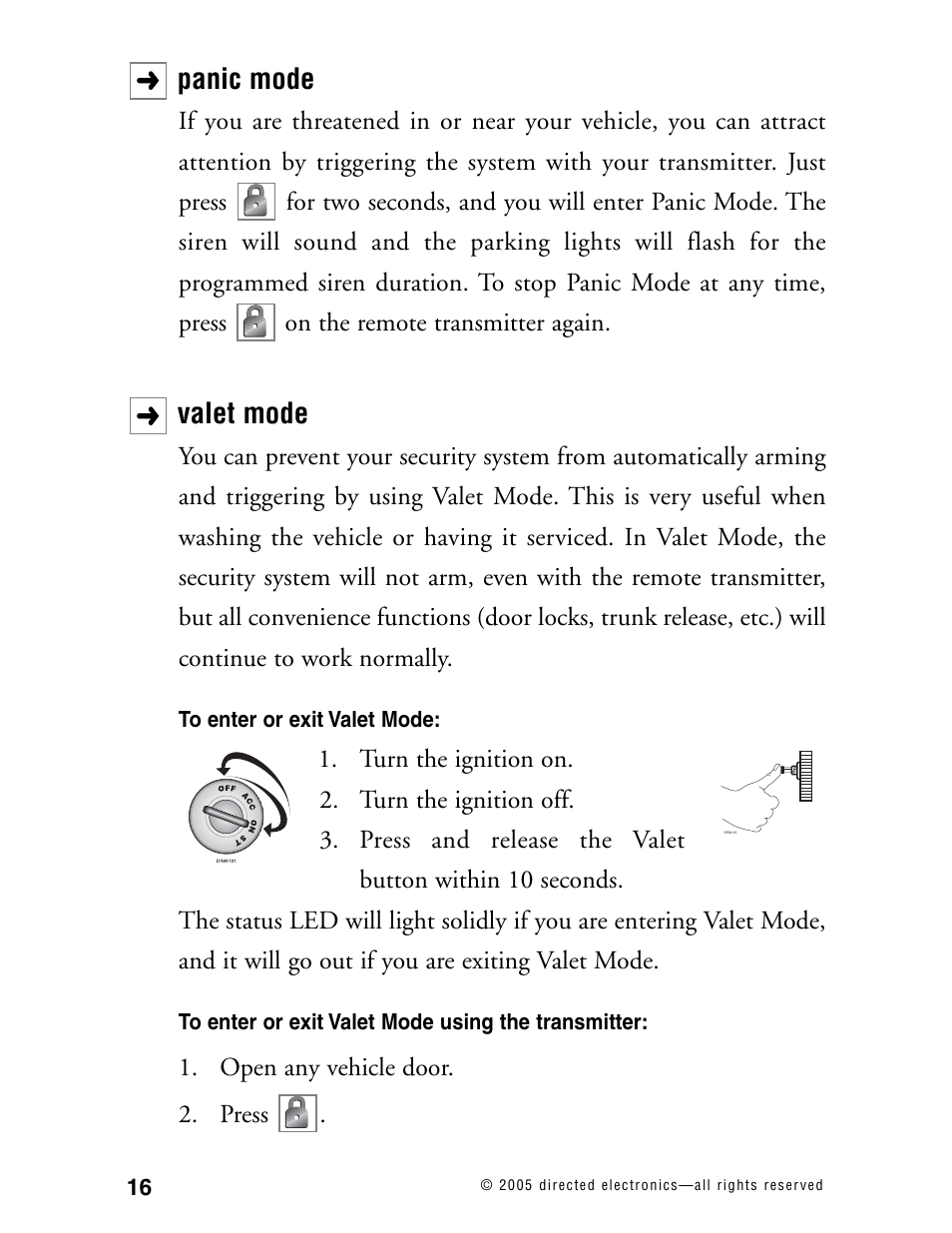 Panic mode, Valet mode | Hornet Car Security 563T User Manual | Page 19 / 44