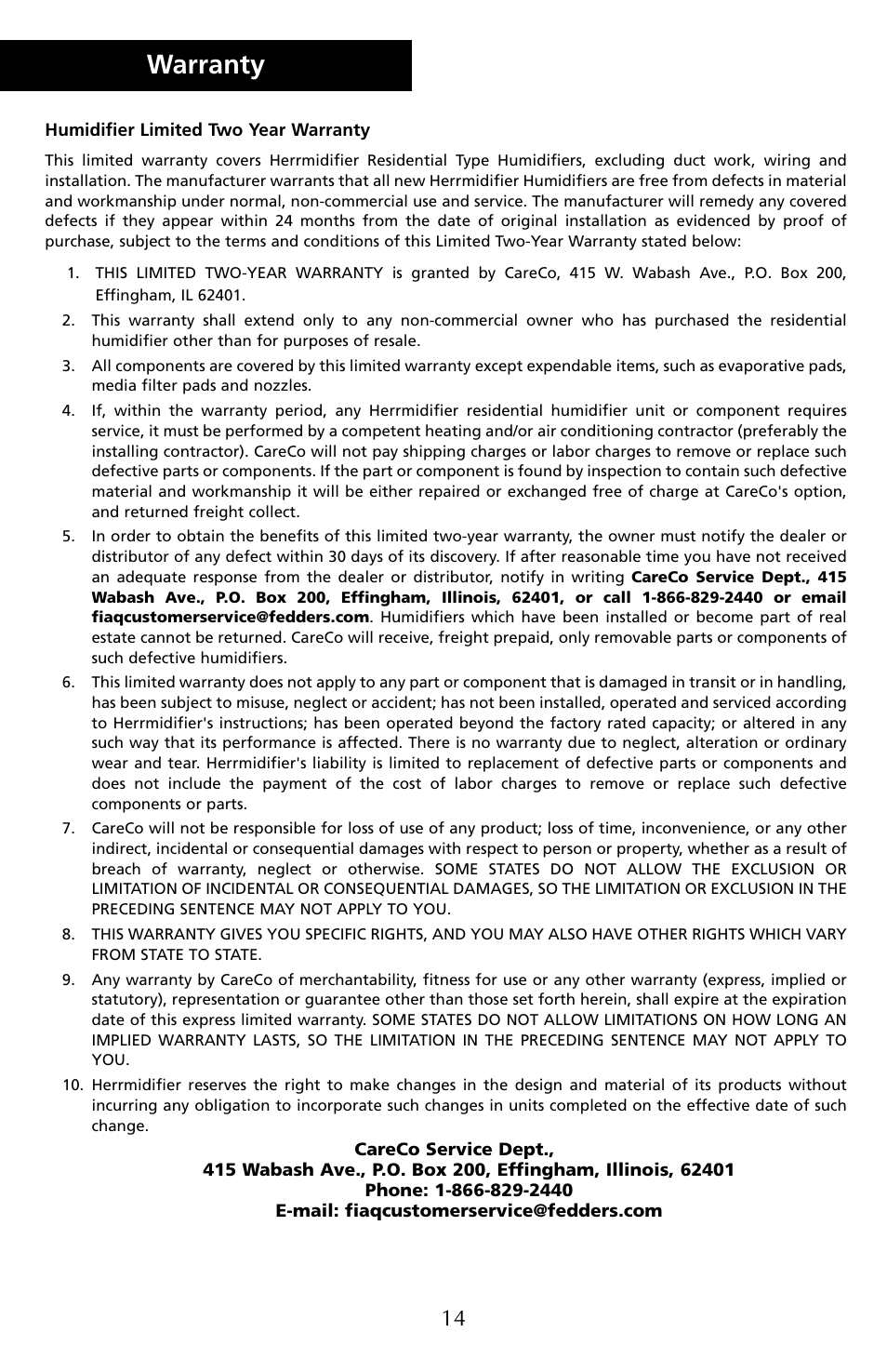 Warranty | Herrmidifier Co G-200/300 User Manual | Page 16 / 16