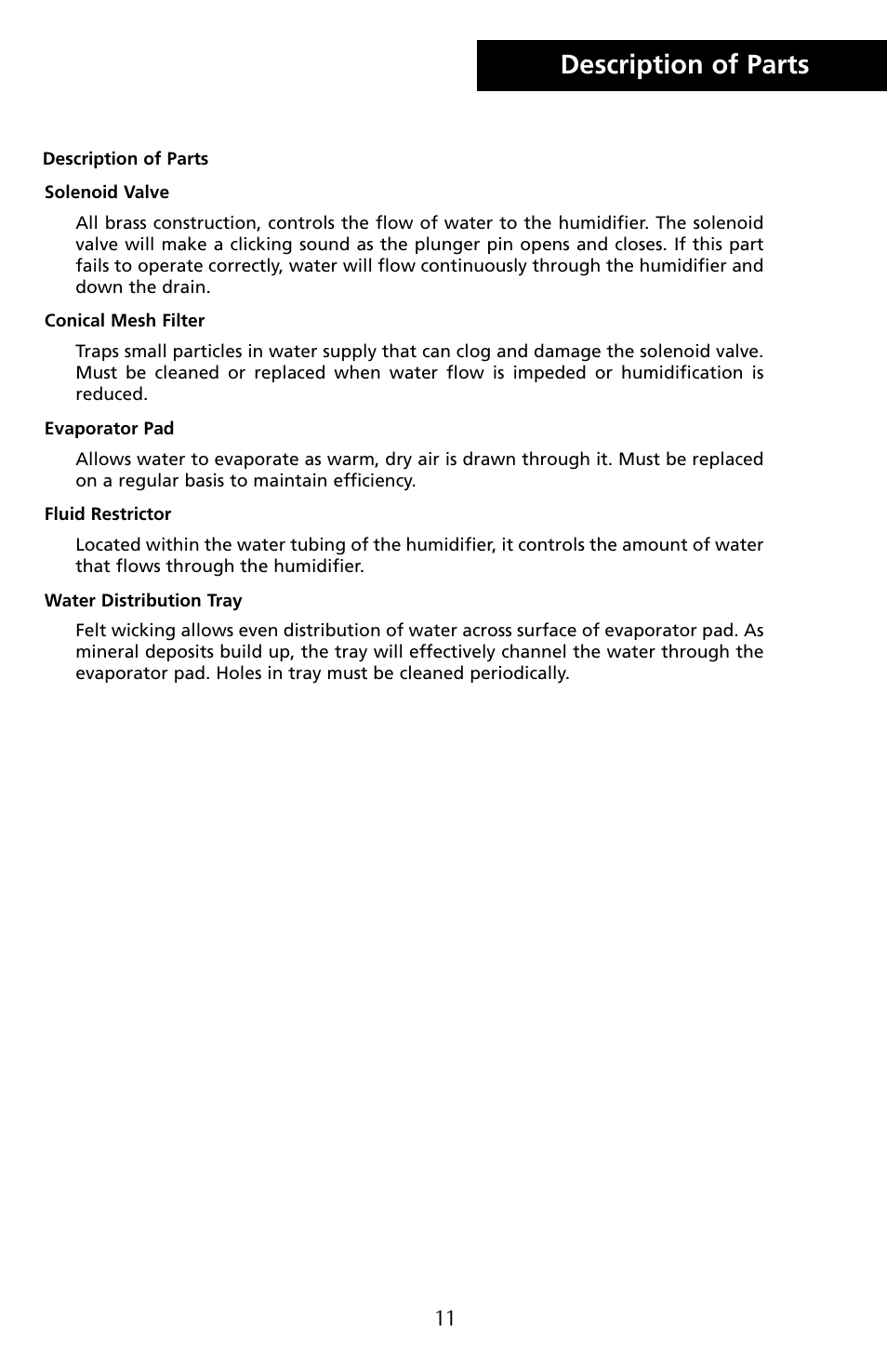 Description of parts | Herrmidifier Co G-100ES User Manual | Page 13 / 16