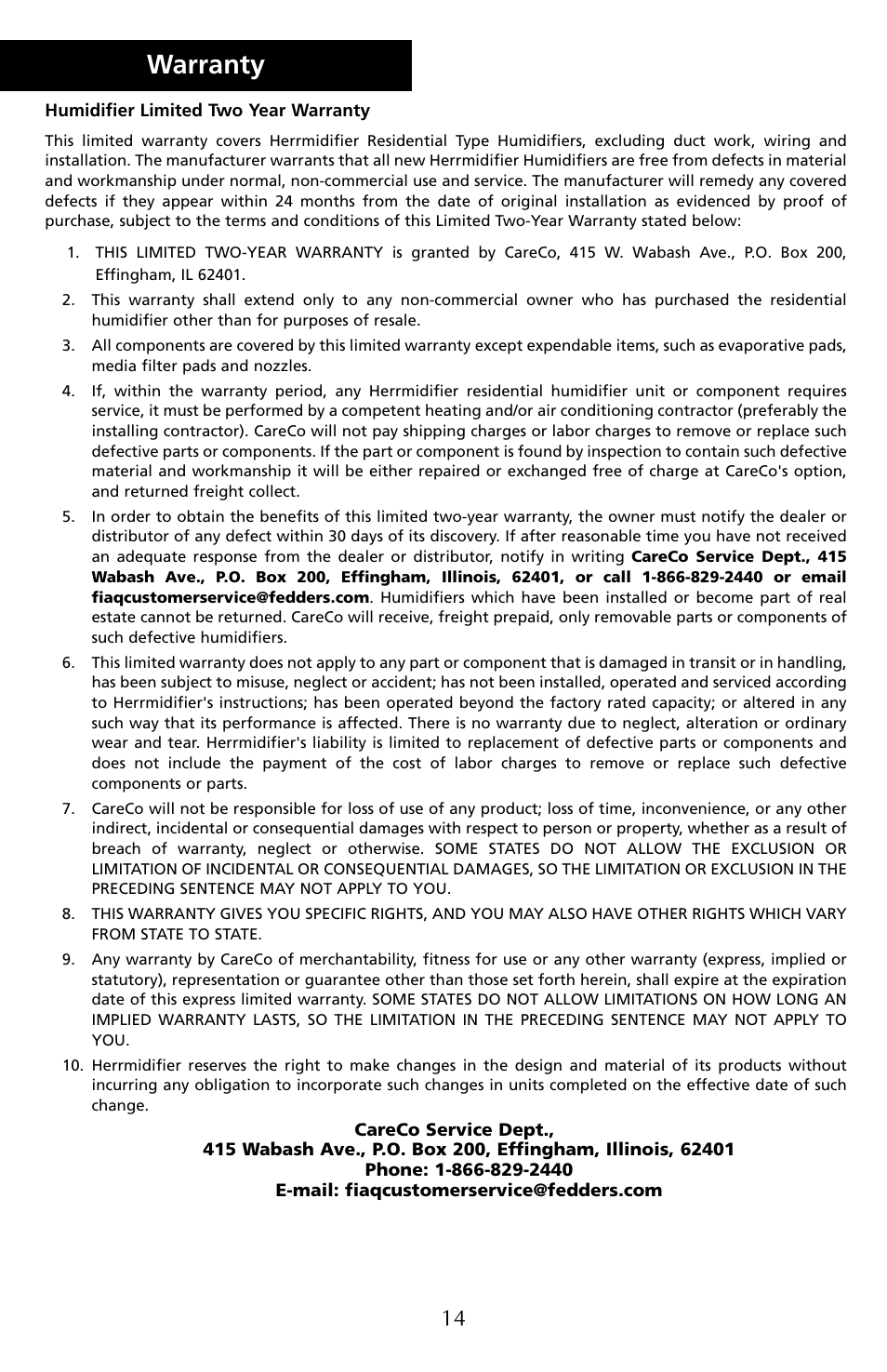 Warranty | Herrmidifier Co G-100ES User Manual | Page 16 / 16