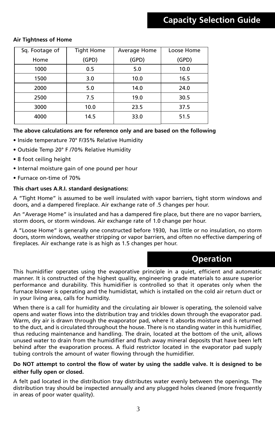 Capacity selection guide operation | Herrmidifier Co G-100ES User Manual | Page 5 / 16