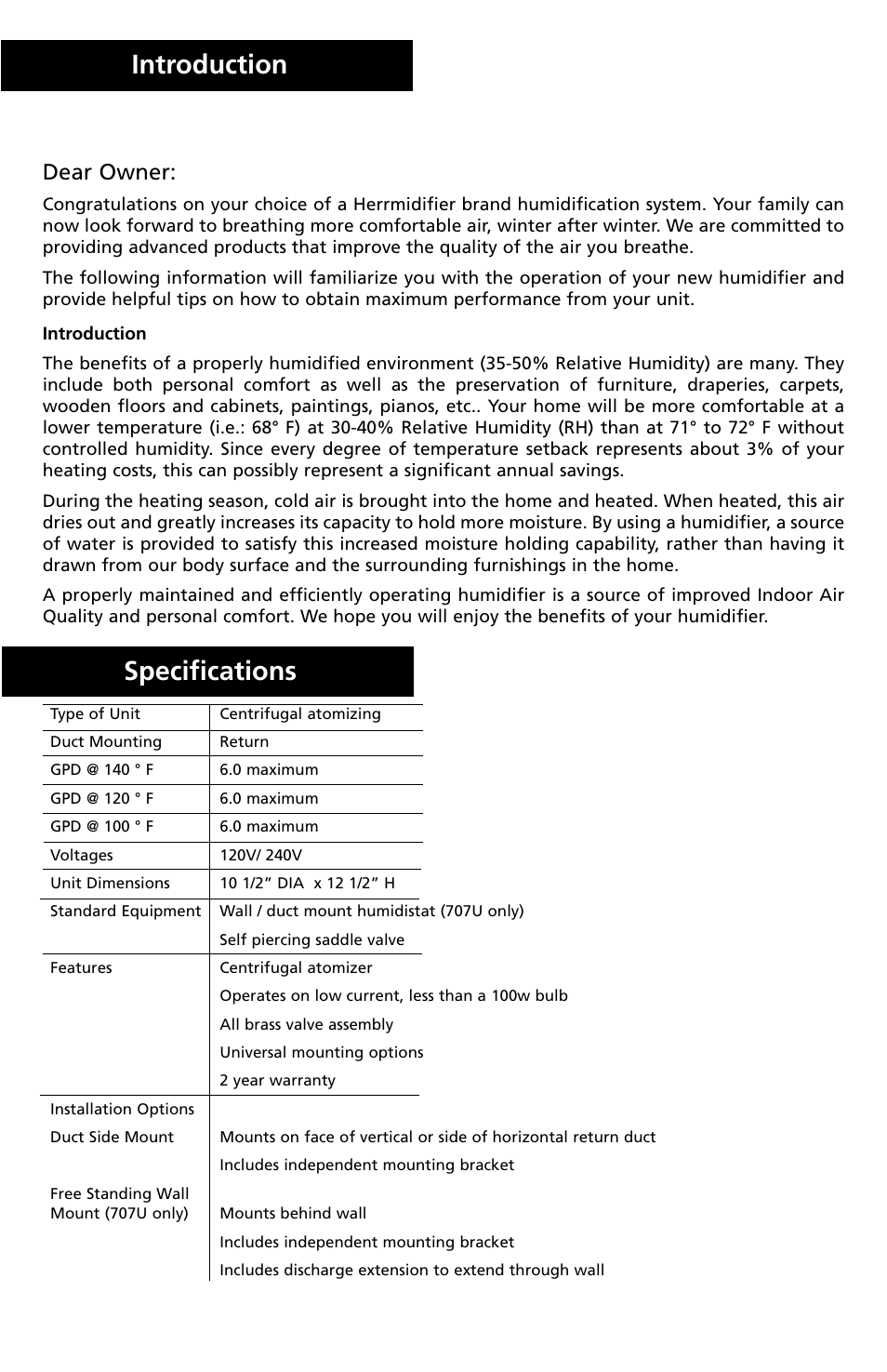 Introduction specifications, Dear owner | Herrmidifier Co 707U-UK User Manual | Page 2 / 16