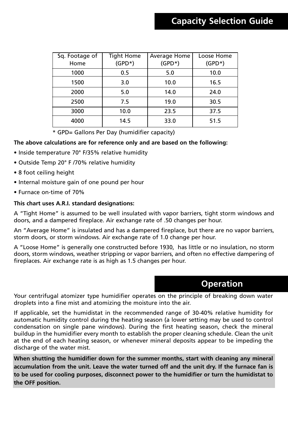 2capacity selection guide operation | Herrmidifier Co 707U-UK User Manual | Page 3 / 16