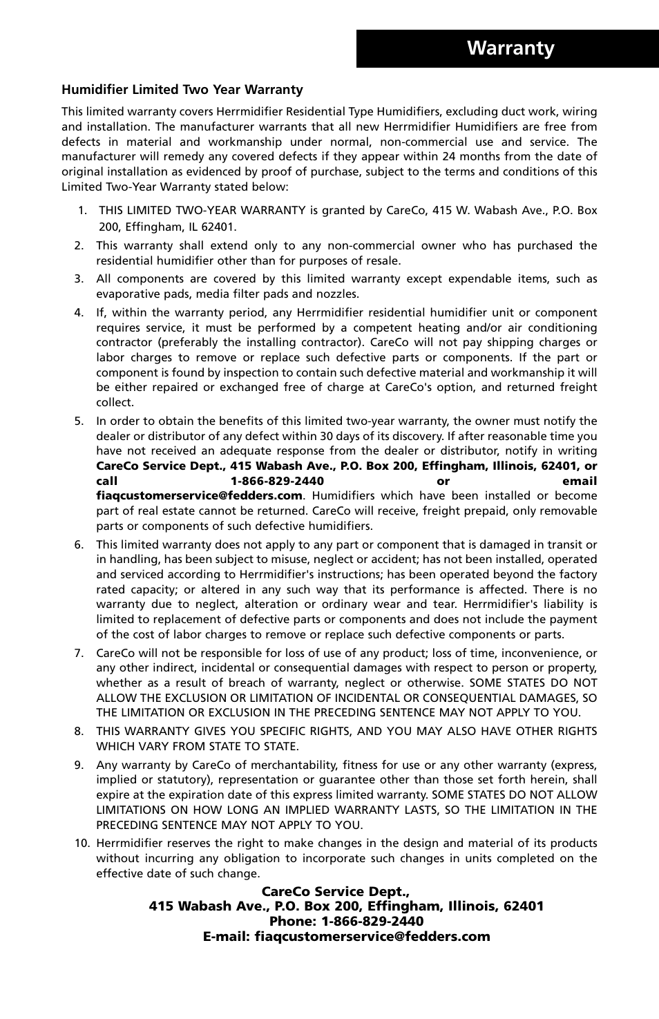 Warranty | Herrmidifier Co 465-C1 User Manual | Page 12 / 12