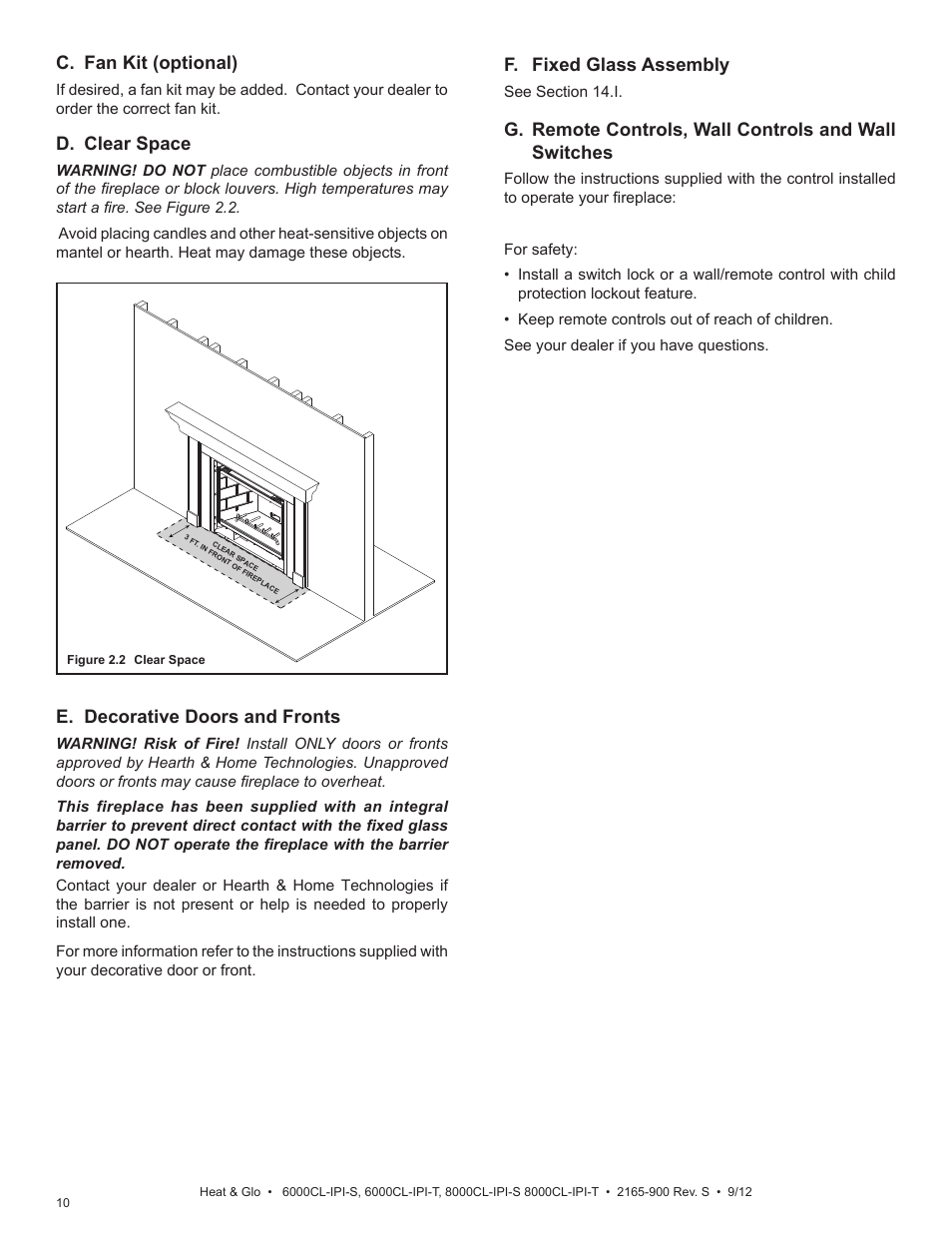 D. clear space, C. fan kit (optional), F. fixed glass assembly | E. decorative doors and fronts | Heat & Glo Fireplace 8000CL-IPI-S User Manual | Page 10 / 82