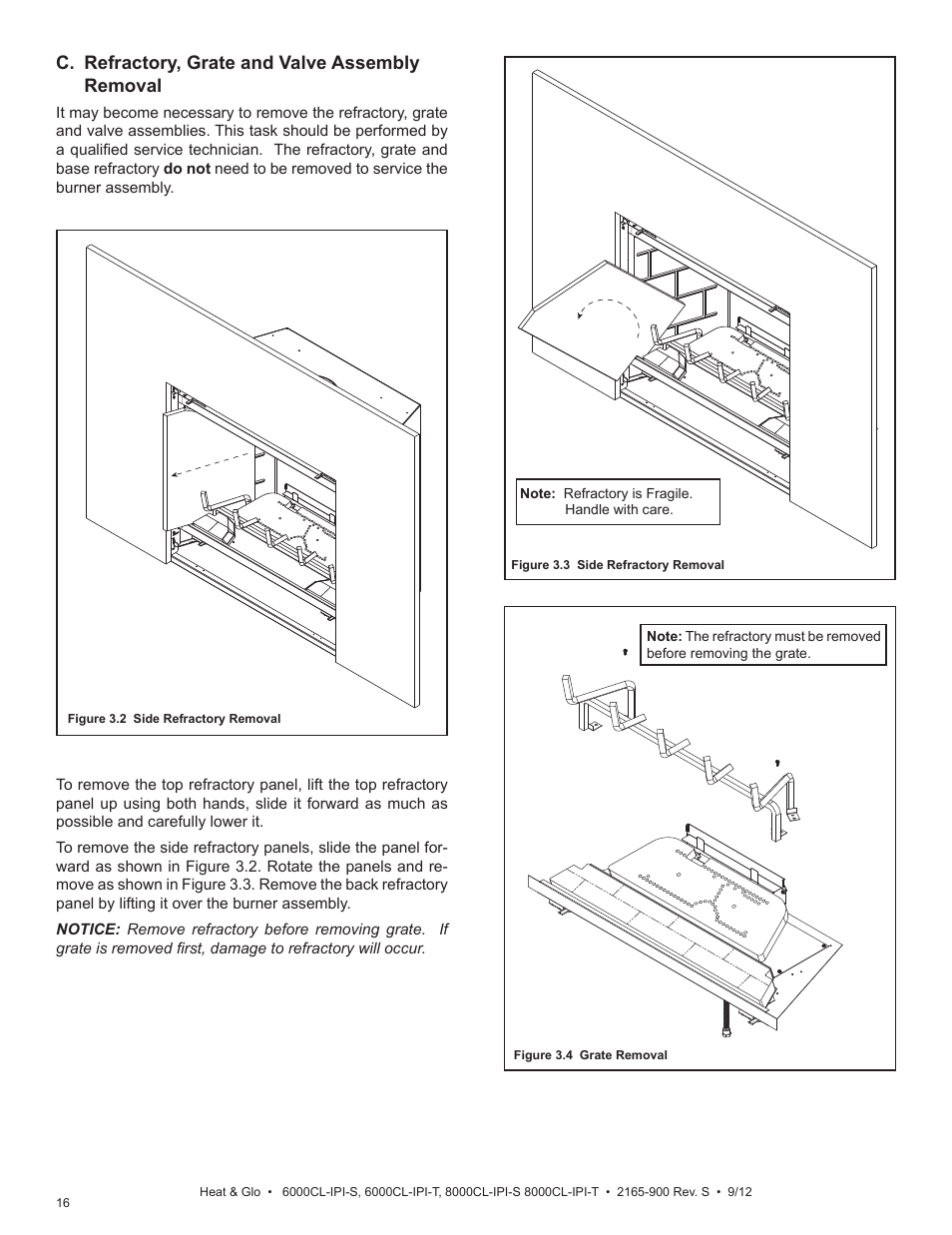 C. refractory, grate and valve assembly removal | Heat & Glo Fireplace 8000CL-IPI-S User Manual | Page 16 / 82