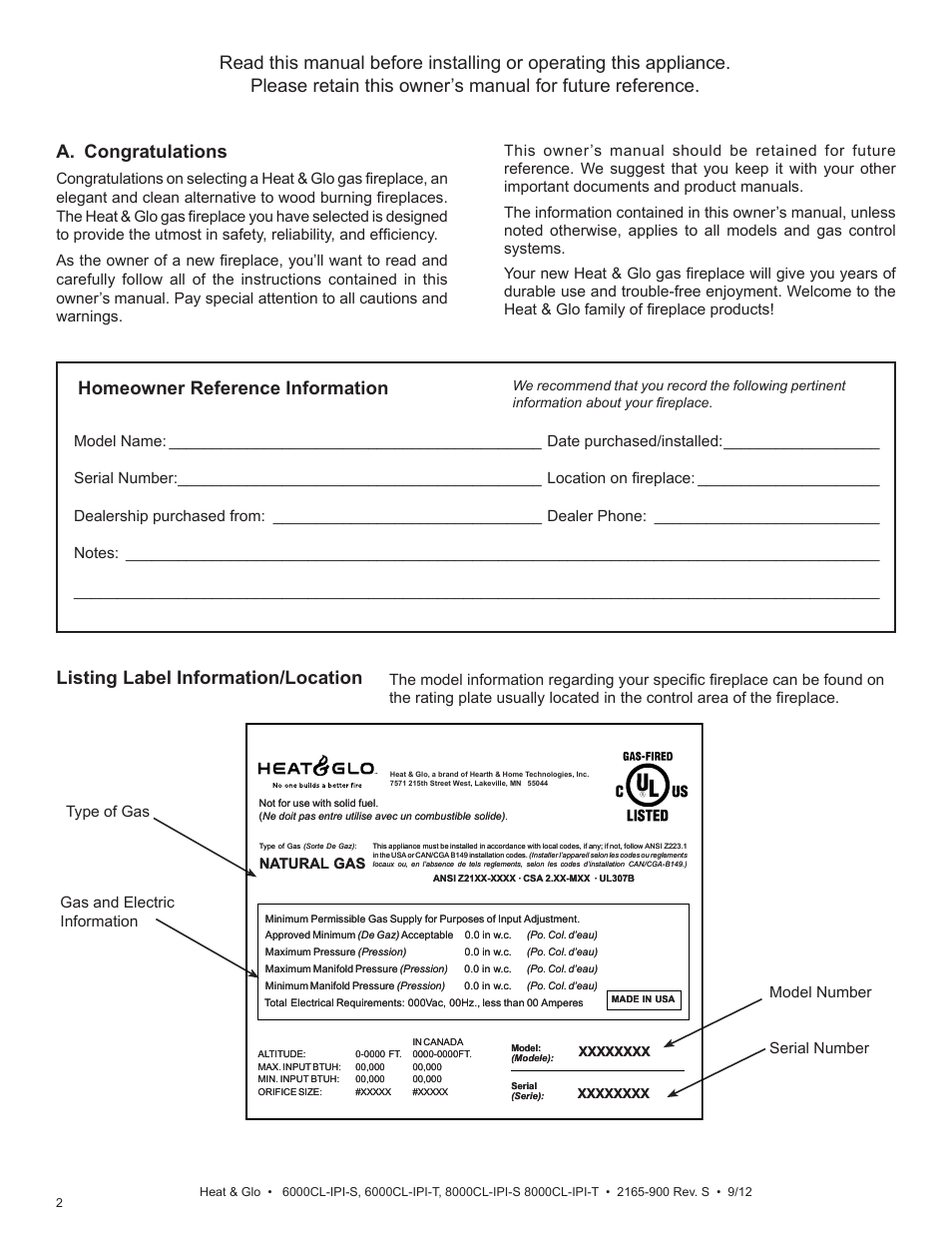 Listing label information/location, Nna atural tural gas gas | Heat & Glo Fireplace 8000CL-IPI-S User Manual | Page 2 / 82