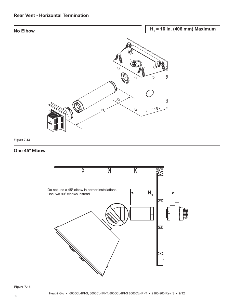 Rear vent - horizontal termination, No elbow one 45º elbow | Heat & Glo Fireplace 8000CL-IPI-S User Manual | Page 32 / 82