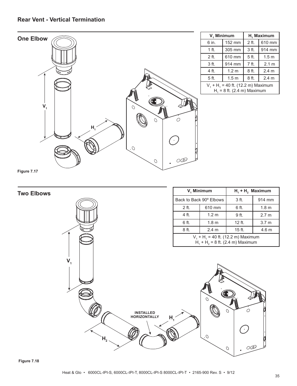 Rear vent - vertical termination one elbow, Two elbows | Heat & Glo Fireplace 8000CL-IPI-S User Manual | Page 35 / 82