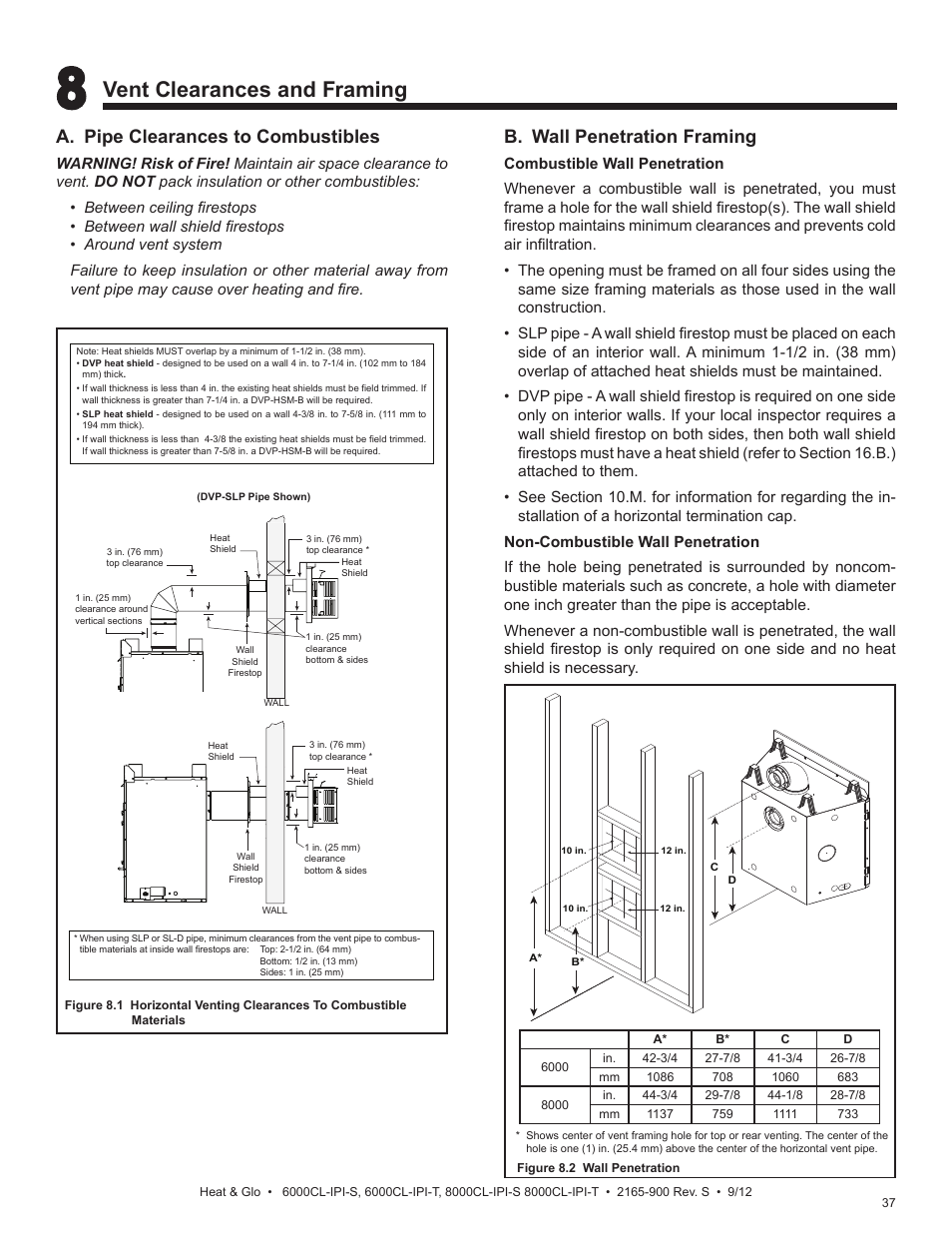 Vent clearances and framing, A. pipe clearances to combustibles, B. wall penetration framing | Heat & Glo Fireplace 8000CL-IPI-S User Manual | Page 37 / 82