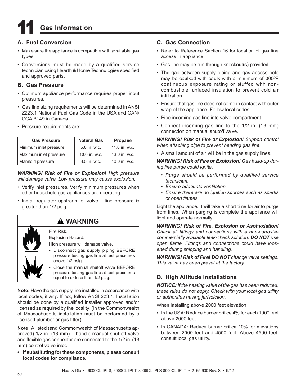 Gas information, Warning | Heat & Glo Fireplace 8000CL-IPI-S User Manual | Page 50 / 82