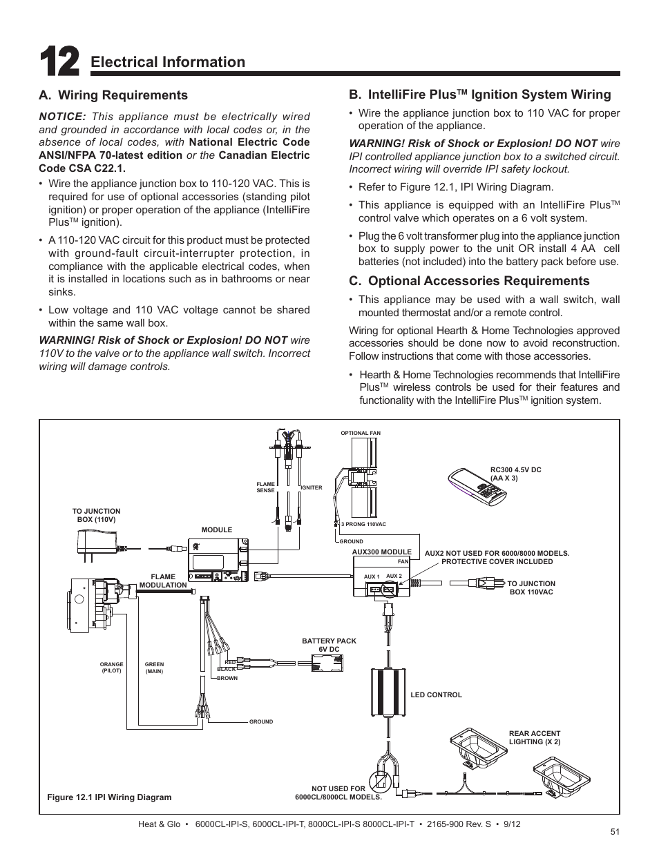 Electrical information, A. wiring requirements, B. intellifire plus | Ignition system wiring, C. optional accessories requirements | Heat & Glo Fireplace 8000CL-IPI-S User Manual | Page 51 / 82