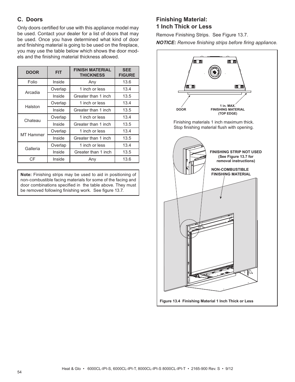 C. doors, Finishing material: 1 inch thick or less | Heat & Glo Fireplace 8000CL-IPI-S User Manual | Page 54 / 82