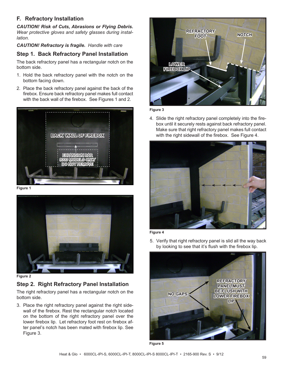 Step 2. right refractory panel installation, F. refractory installation, Step 1. back refractory panel installation | Heat & Glo Fireplace 8000CL-IPI-S User Manual | Page 59 / 82