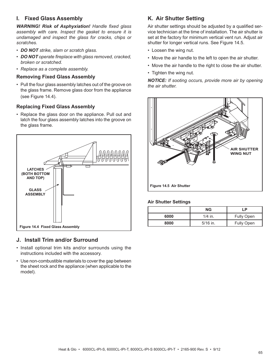 I. fixed glass assembly, J. install trim and/or surround, K. air shutter setting | Heat & Glo Fireplace 8000CL-IPI-S User Manual | Page 65 / 82