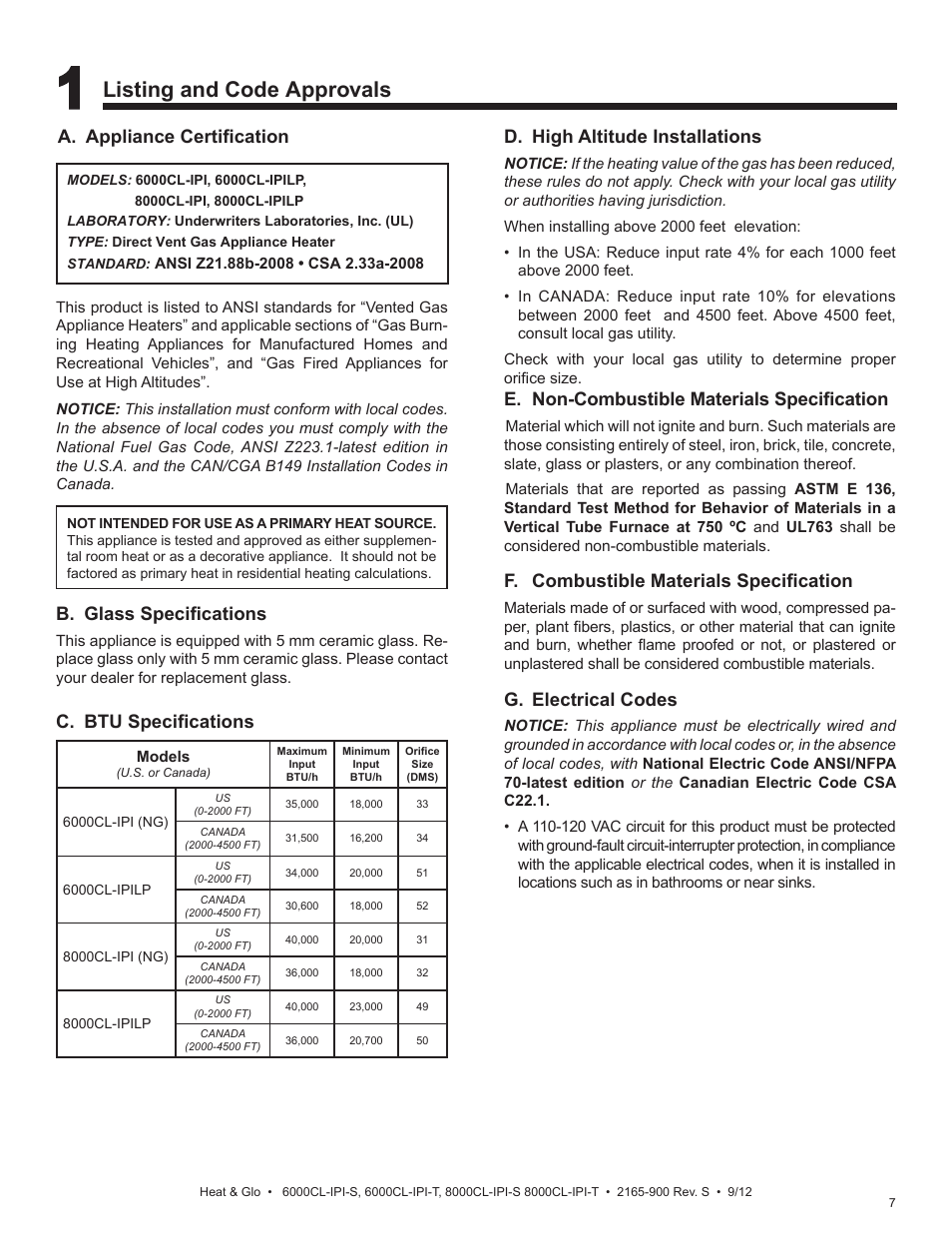 Listing and code approvals, C. btu specifications, A. appliance certification | B. glass specifications, D. high altitude installations, E. non-combustible materials specification, F. combustible materials specification, G. electrical codes | Heat & Glo Fireplace 8000CL-IPI-S User Manual | Page 7 / 82