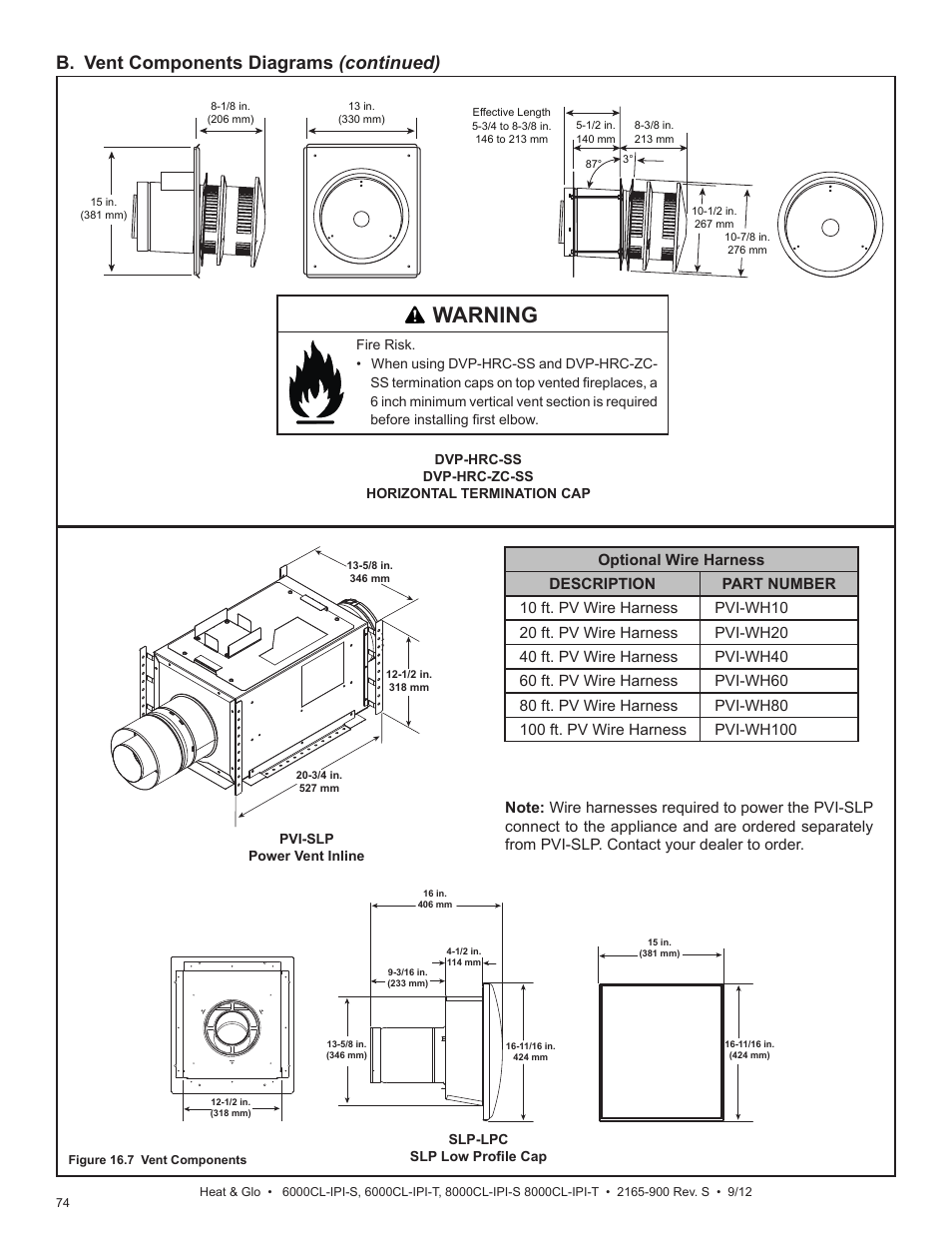 Warning, B. vent components diagrams (continued) | Heat & Glo Fireplace 8000CL-IPI-S User Manual | Page 74 / 82