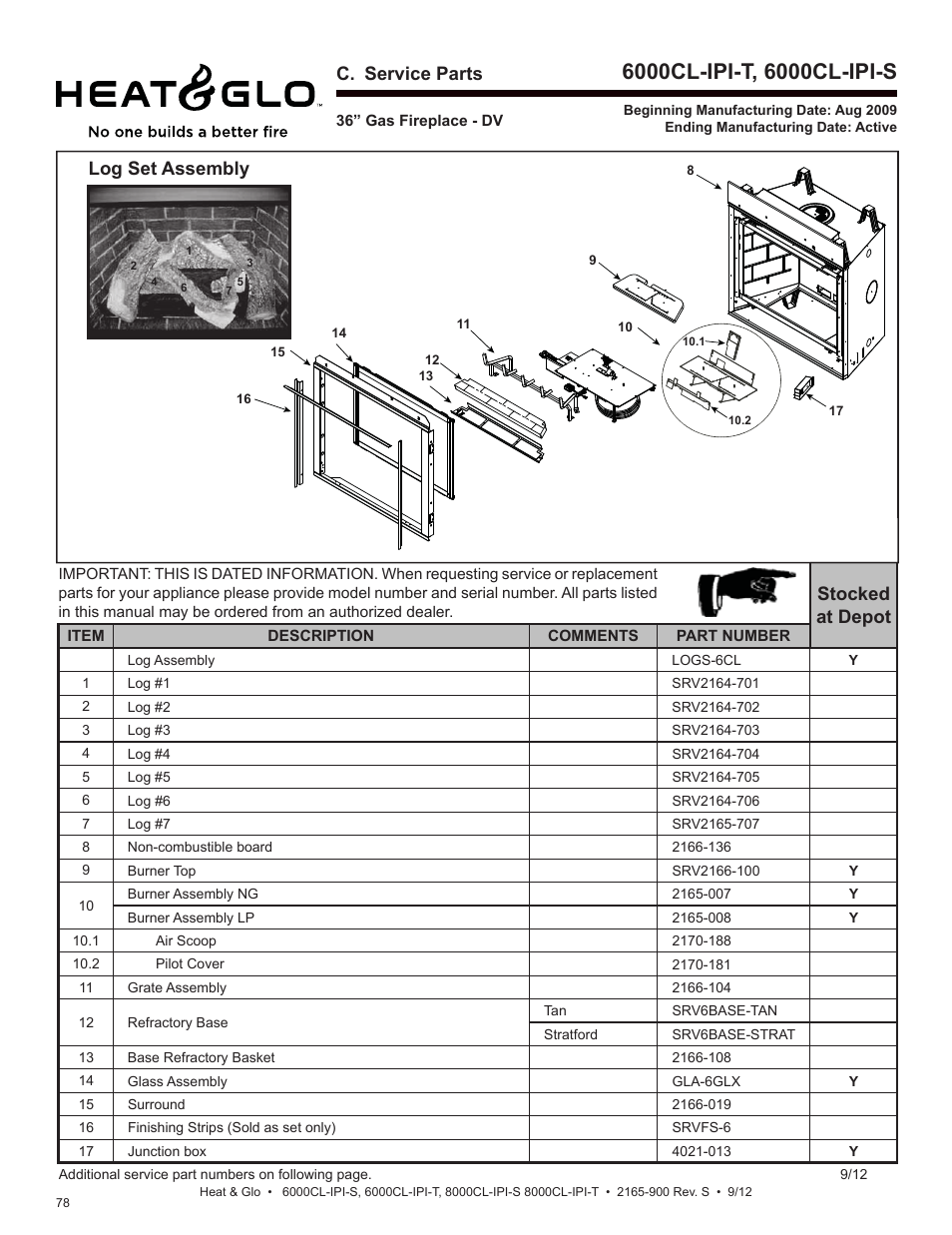 Service parts, Stocked at depot, Log set assembly | C. service parts | Heat & Glo Fireplace 8000CL-IPI-S User Manual | Page 78 / 82