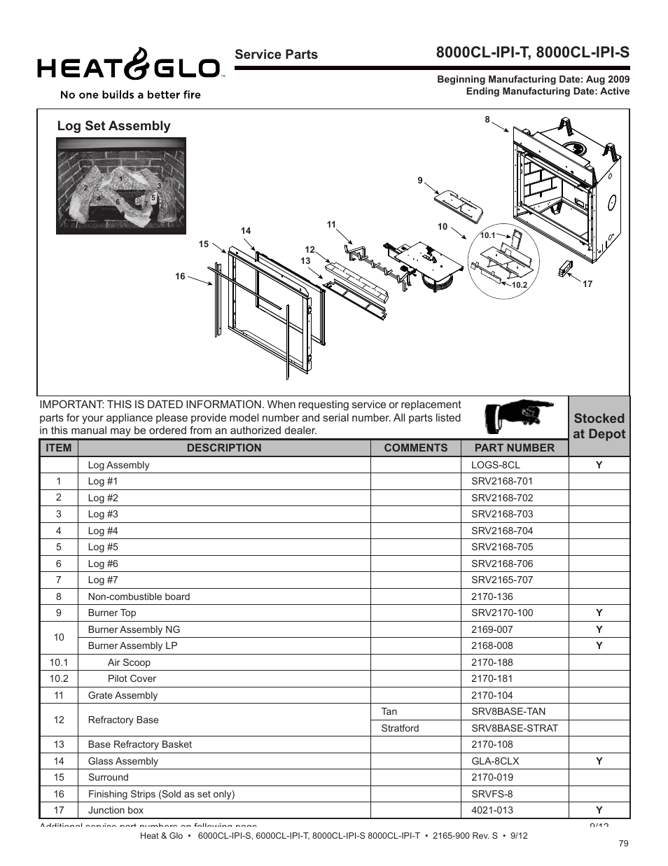 Service parts, Stocked at depot, Log set assembly | Heat & Glo Fireplace 8000CL-IPI-S User Manual | Page 79 / 82