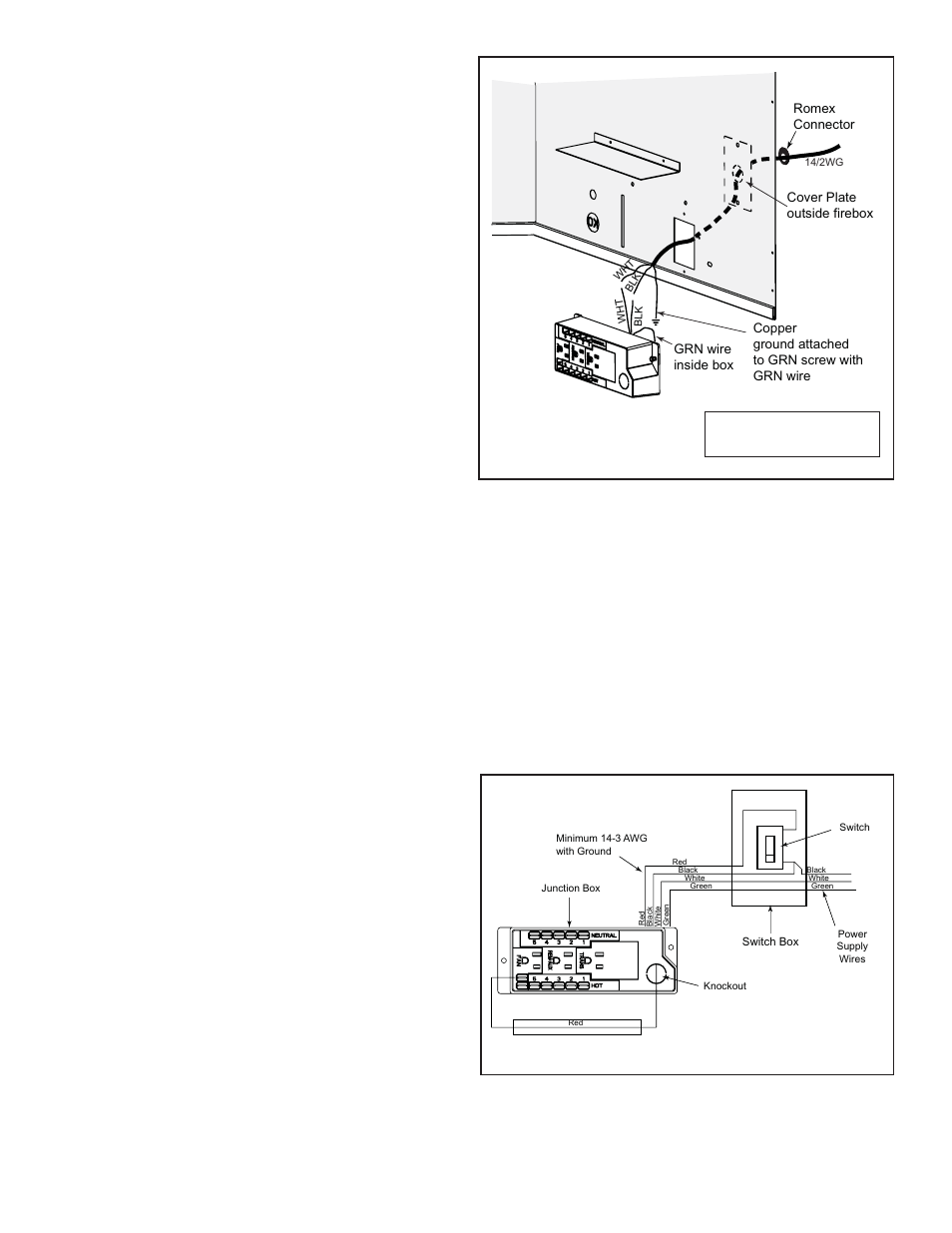 F. wall switch installation for fan (optional), E. junction box installation | Heat & Glo Fireplace SL-550TV-IPI-E User Manual | Page 30 / 47