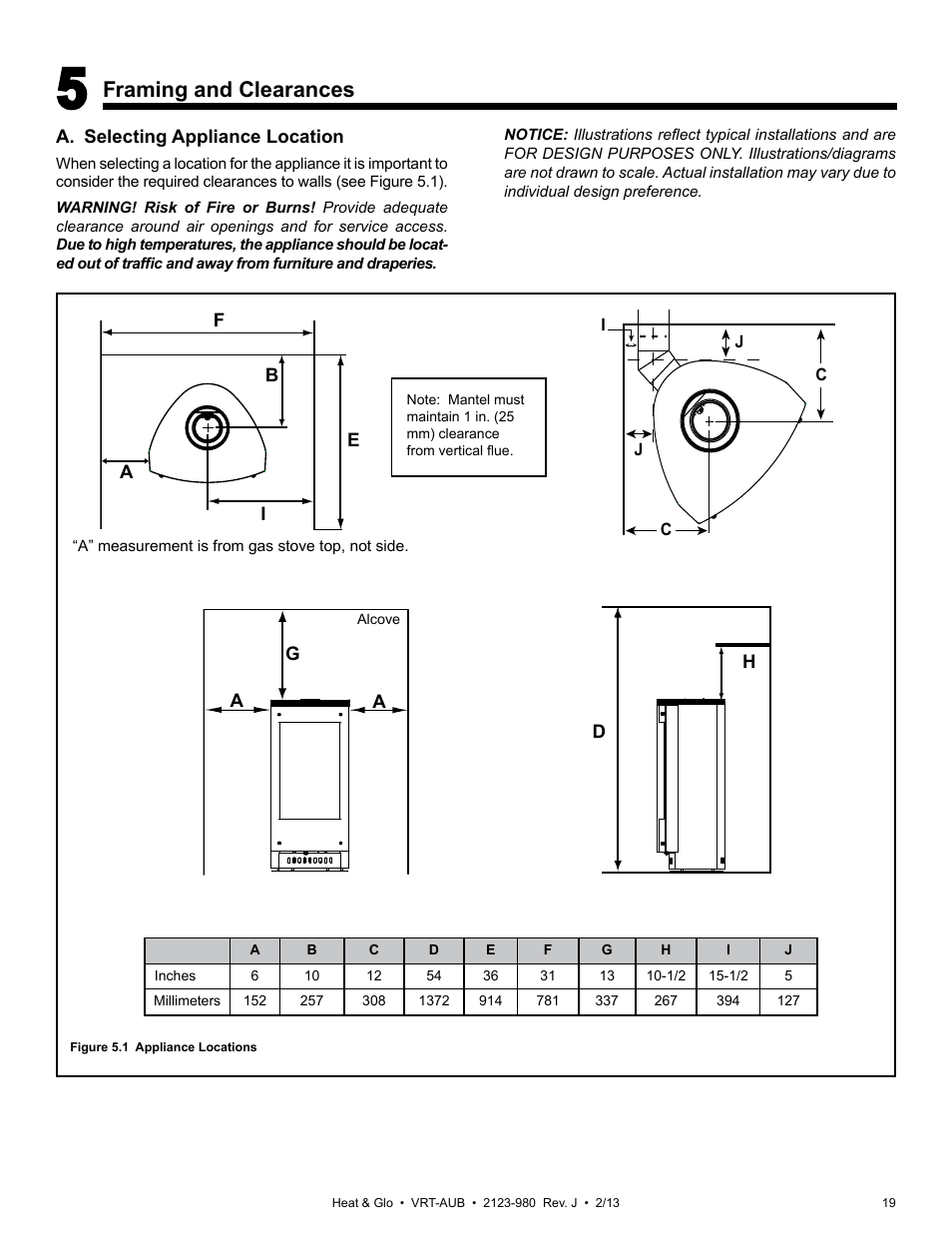 Framing and clearances | Heat & Glo Fireplace VRT-BZ-P-AUB User Manual | Page 19 / 76