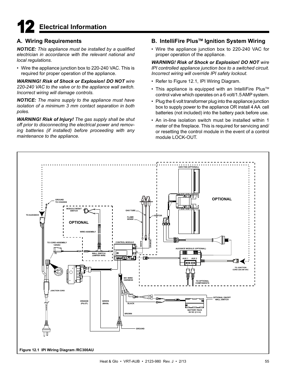 Electrical information, A. wiring requirements, B. intellifire plus | Ignition system wiring | Heat & Glo Fireplace VRT-BZ-P-AUB User Manual | Page 55 / 76