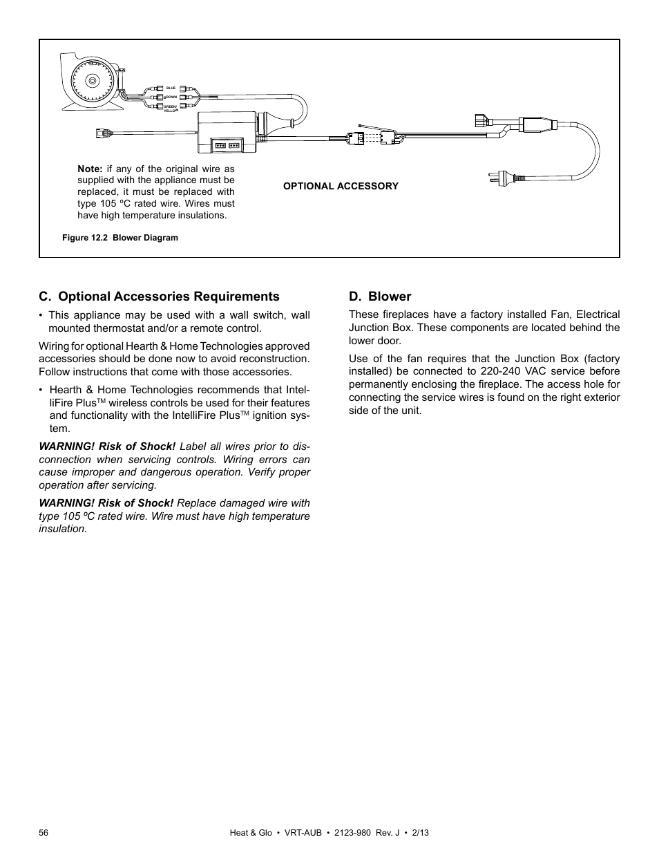 D. blower, C. optional accessories requirements | Heat & Glo Fireplace VRT-BZ-P-AUB User Manual | Page 56 / 76