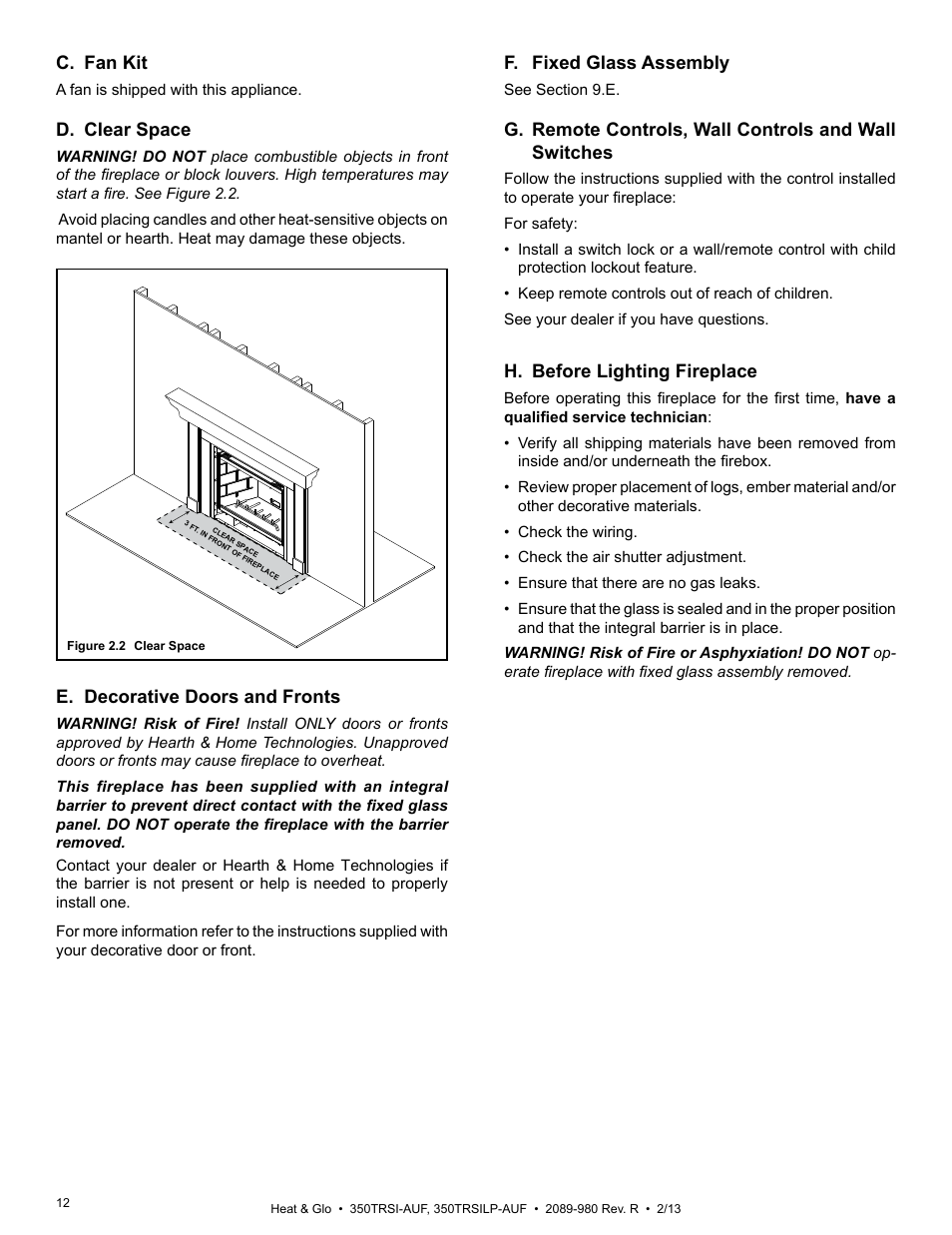 D. clear space, C. fan kit, F. fixed glass assembly | E. decorative doors and fronts, H. before lighting fireplace | Heat & Glo Fireplace Heat & Glo 350TRSILP-AUF User Manual | Page 12 / 80