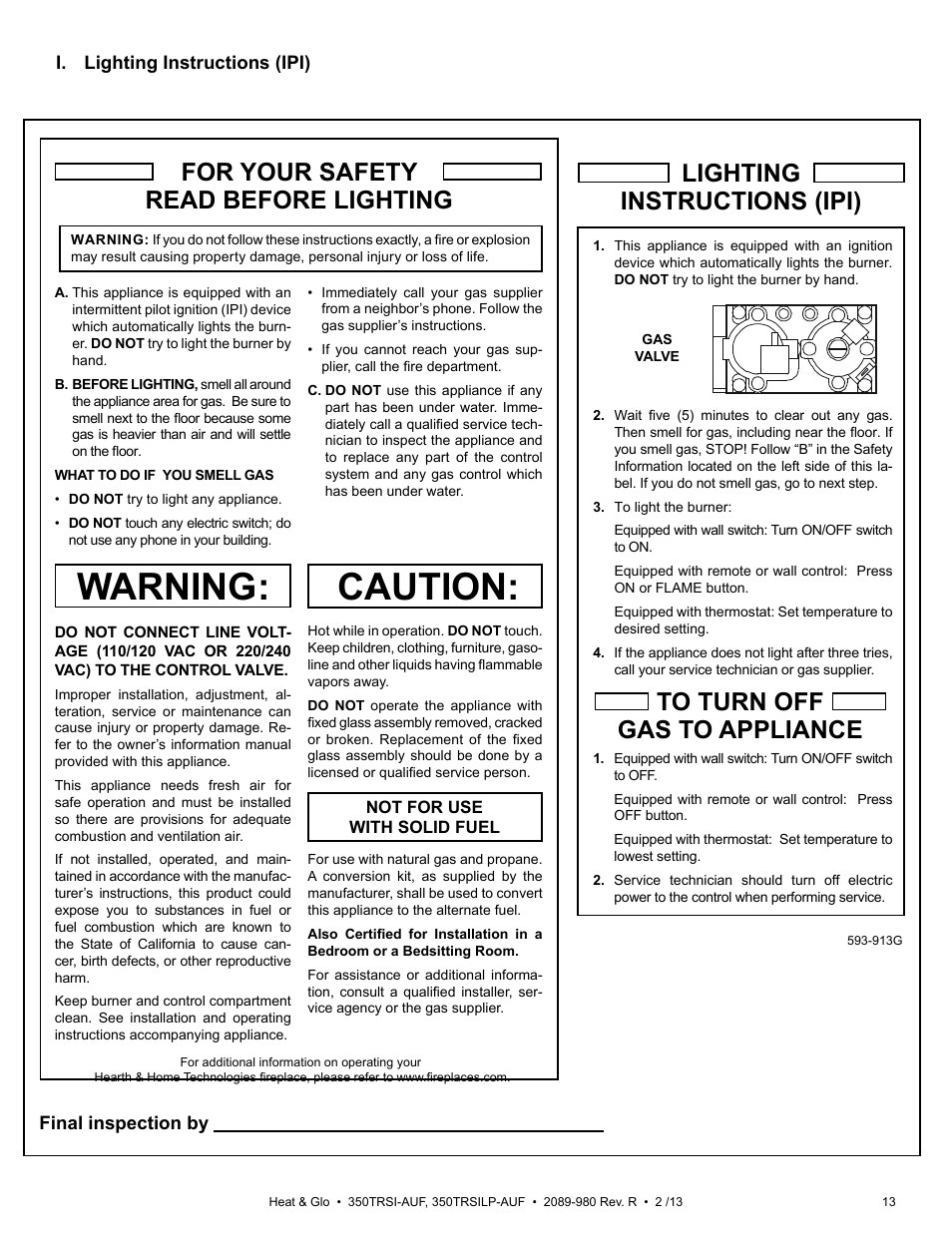 Caution, Warning, For your safety read before lighting | Heat & Glo Fireplace Heat & Glo 350TRSILP-AUF User Manual | Page 13 / 80