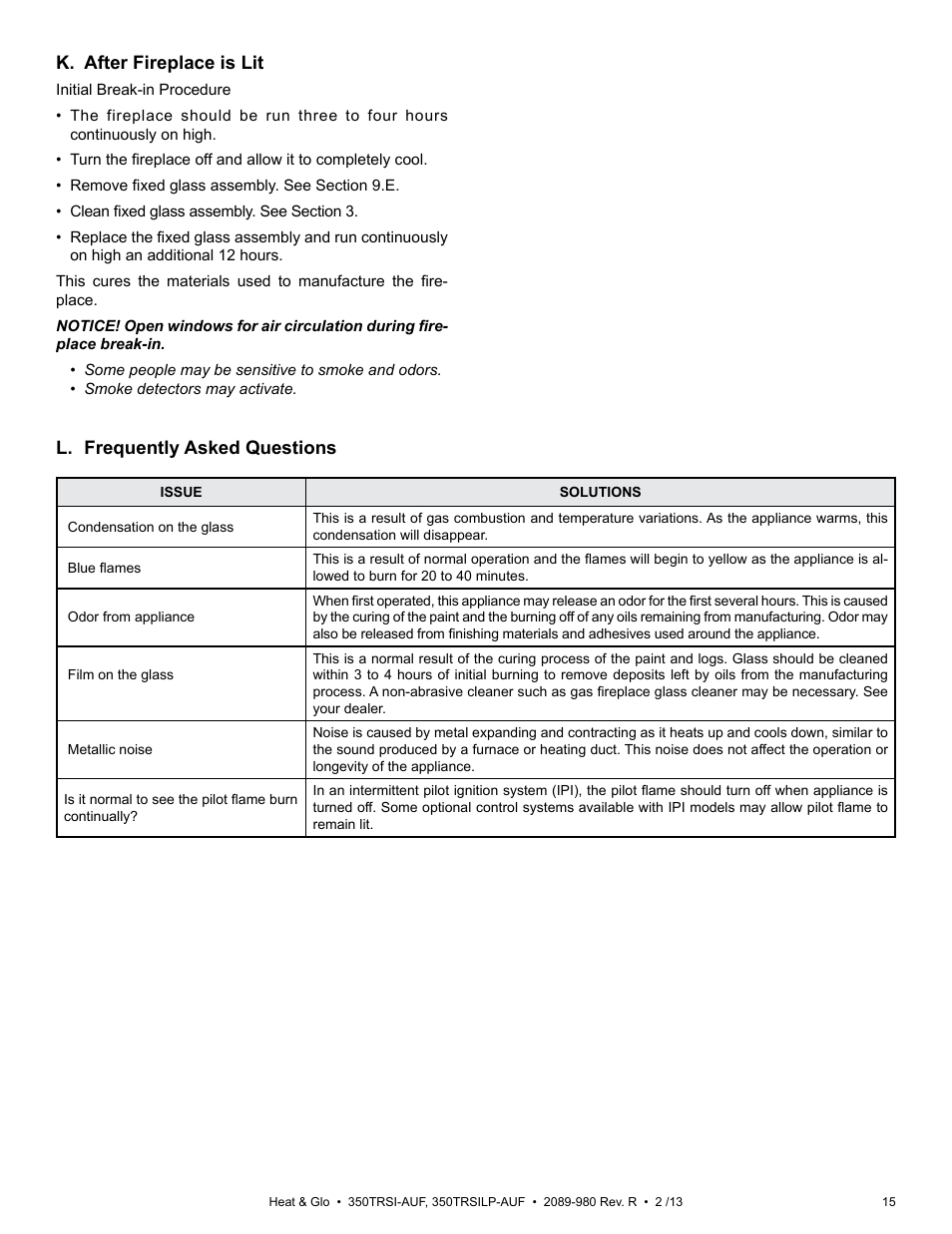 K. after fireplace is lit, L. frequently asked questions | Heat & Glo Fireplace Heat & Glo 350TRSILP-AUF User Manual | Page 15 / 80
