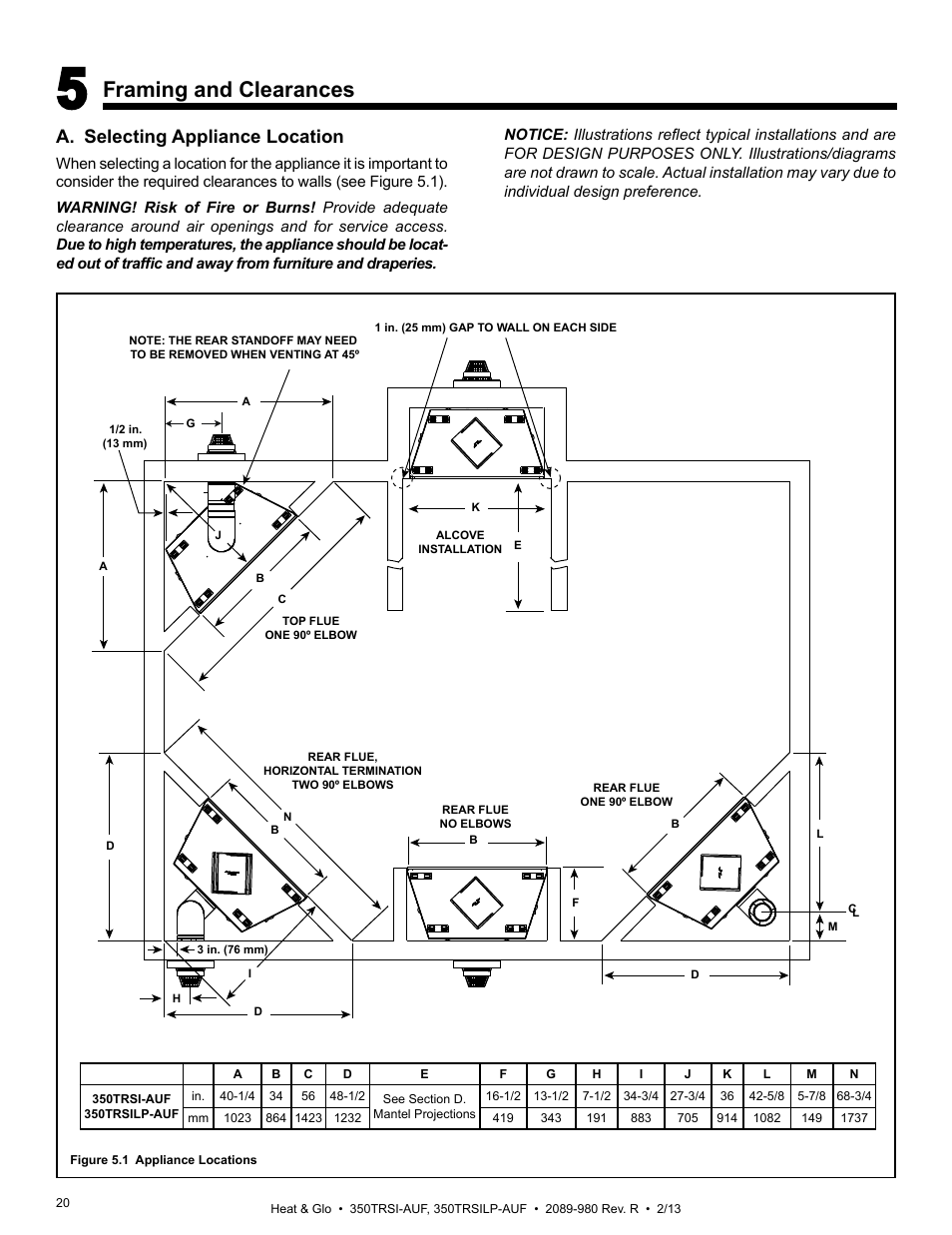 Framing and clearances, A. selecting appliance location | Heat & Glo Fireplace Heat & Glo 350TRSILP-AUF User Manual | Page 20 / 80