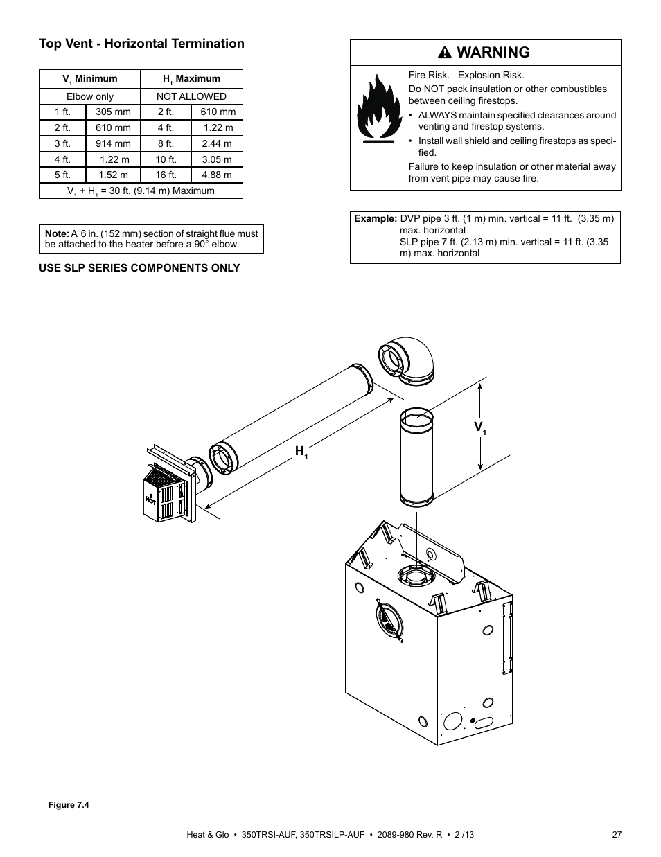 Warning, Top vent - horizontal termination | Heat & Glo Fireplace Heat & Glo 350TRSILP-AUF User Manual | Page 27 / 80