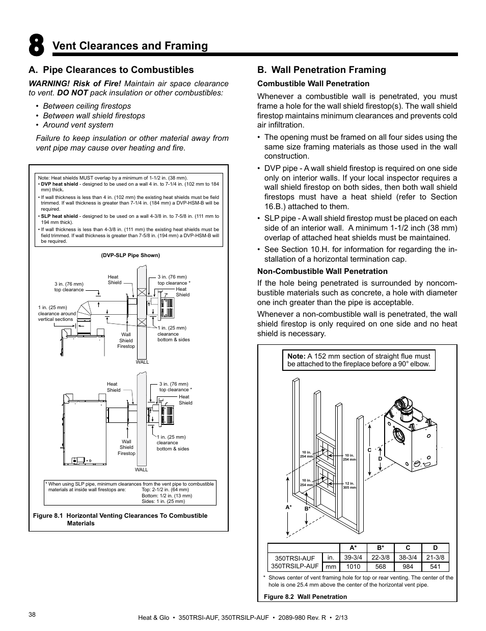 Vent clearances and framing, A. pipe clearances to combustibles, B. wall penetration framing | Heat & Glo Fireplace Heat & Glo 350TRSILP-AUF User Manual | Page 38 / 80