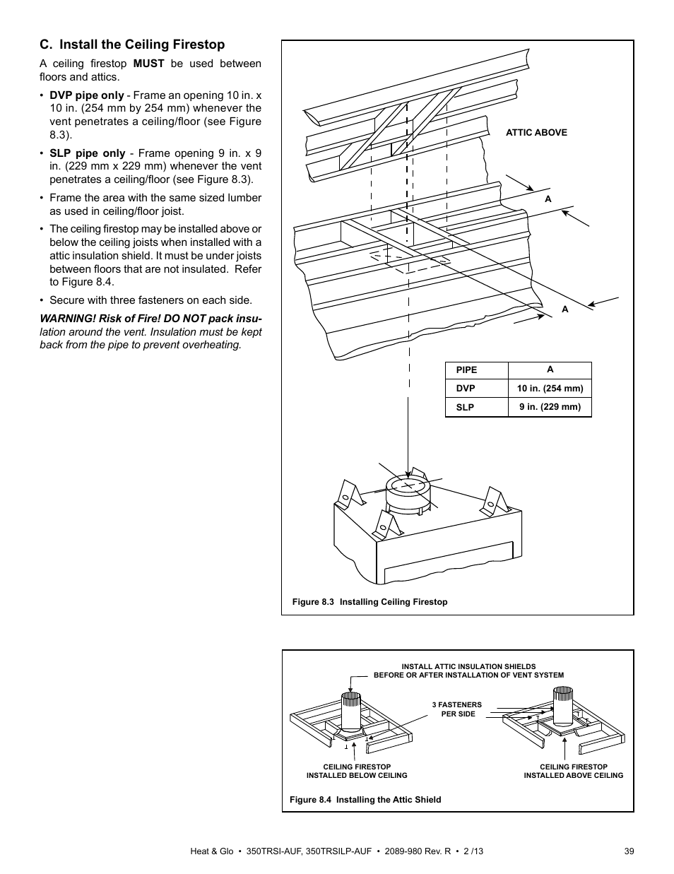 C. install the ceiling firestop | Heat & Glo Fireplace Heat & Glo 350TRSILP-AUF User Manual | Page 39 / 80