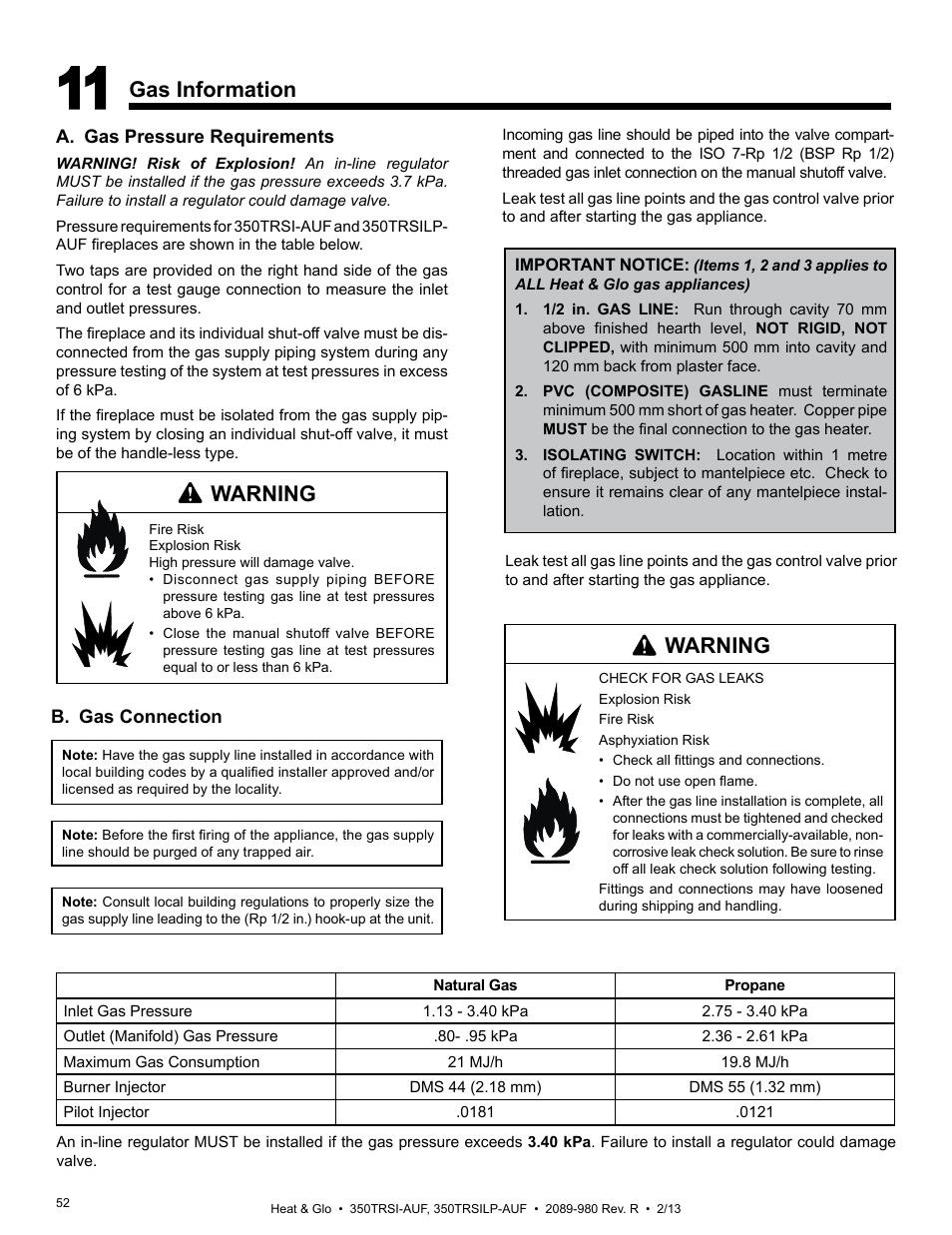 Gas information, Warning | Heat & Glo Fireplace Heat & Glo 350TRSILP-AUF User Manual | Page 52 / 80