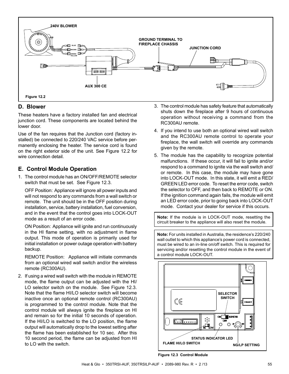 D. blower, E. control module operation | Heat & Glo Fireplace Heat & Glo 350TRSILP-AUF User Manual | Page 55 / 80