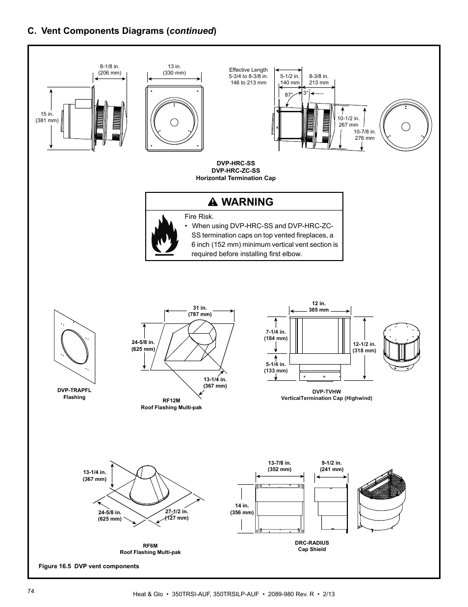 Warning, C. vent components diagrams ( continued ) | Heat & Glo Fireplace Heat & Glo 350TRSILP-AUF User Manual | Page 74 / 80