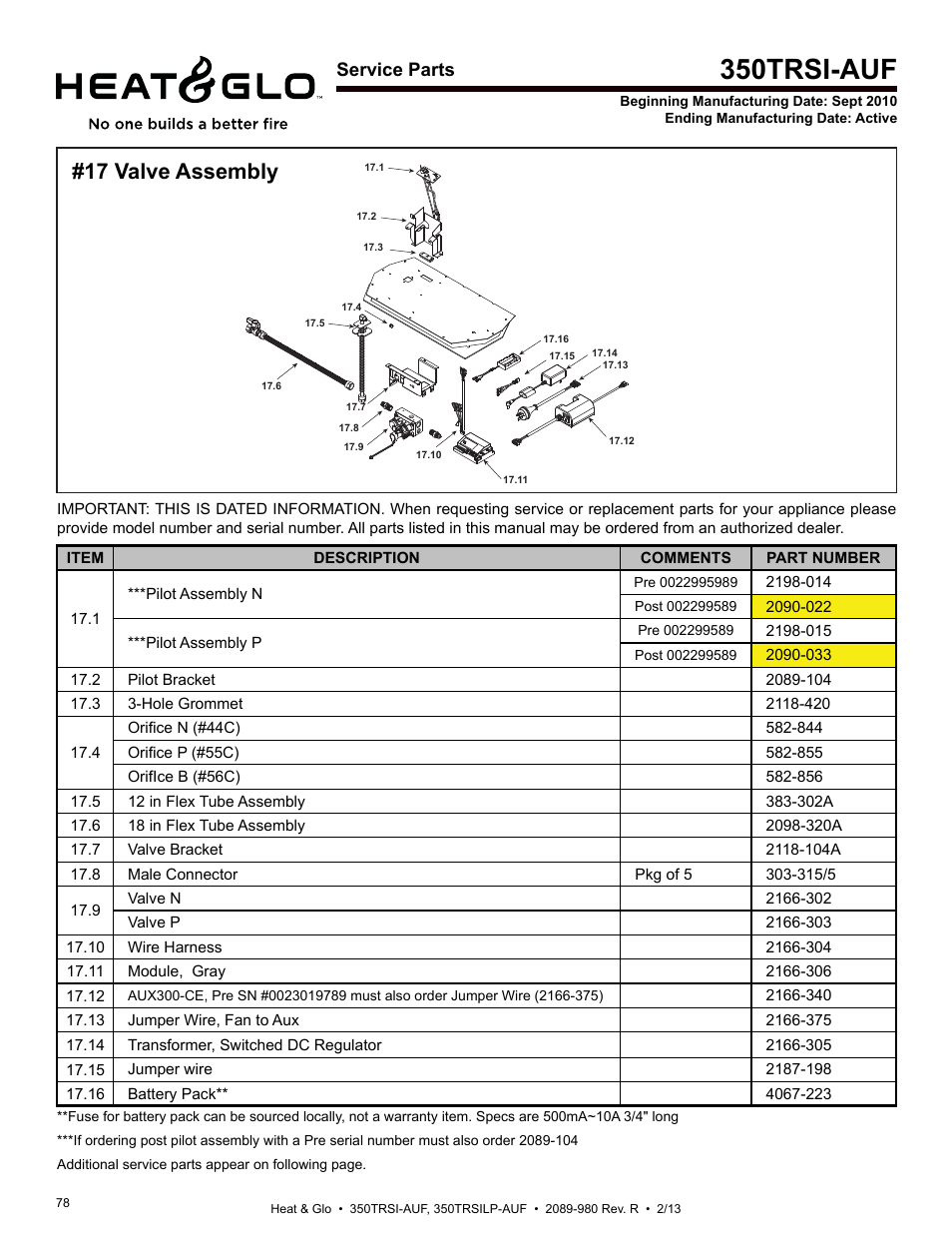 350trsi-auf, 17 valve assembly, Service parts | Heat & Glo Fireplace Heat & Glo 350TRSILP-AUF User Manual | Page 78 / 80