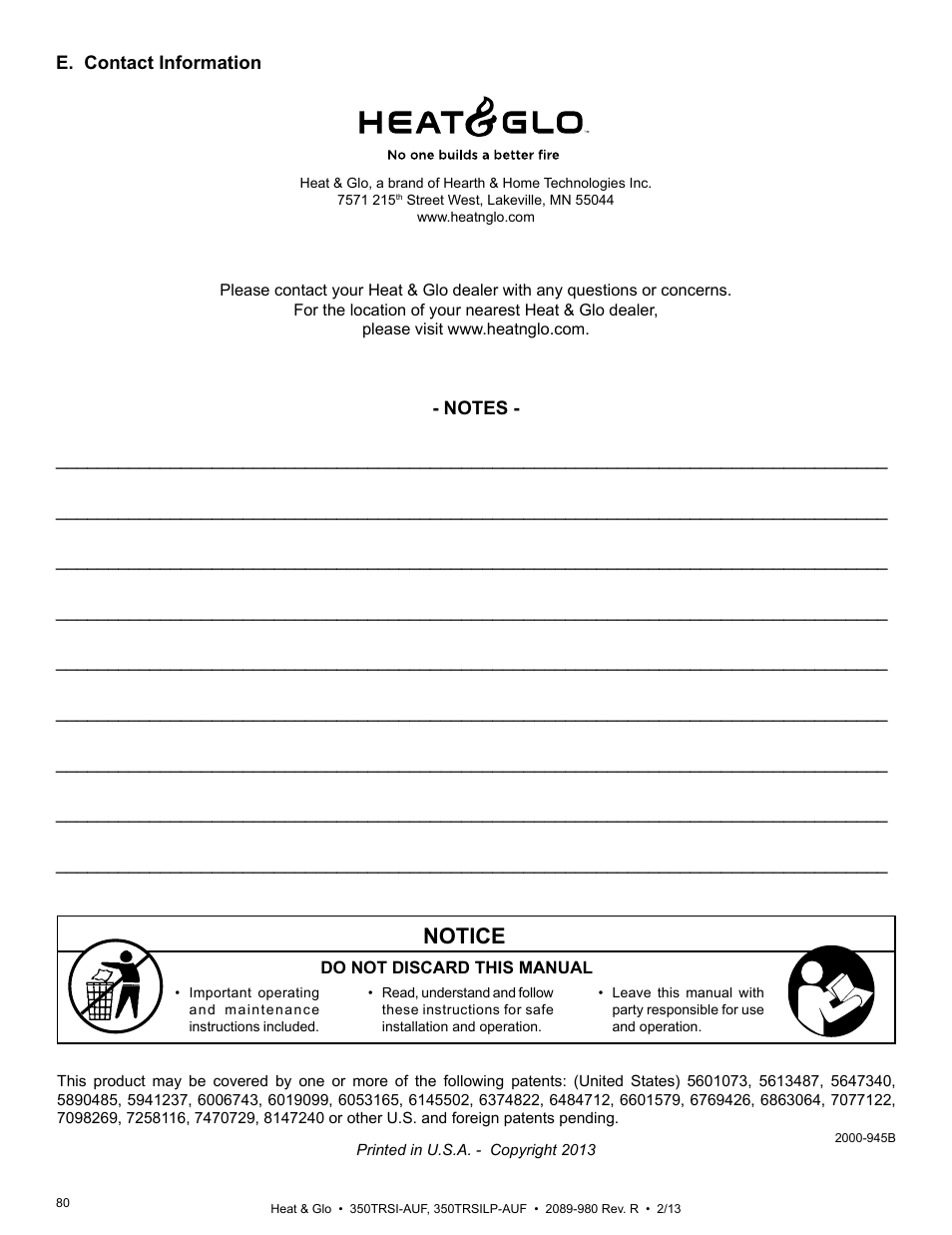 Notice | Heat & Glo Fireplace Heat & Glo 350TRSILP-AUF User Manual | Page 80 / 80