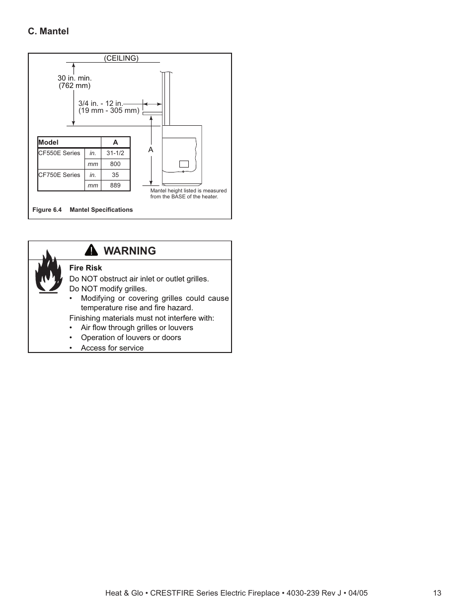 Warning, C. mantel | Heat & Glo Fireplace CRESTFIRE CF550EV User Manual | Page 13 / 26