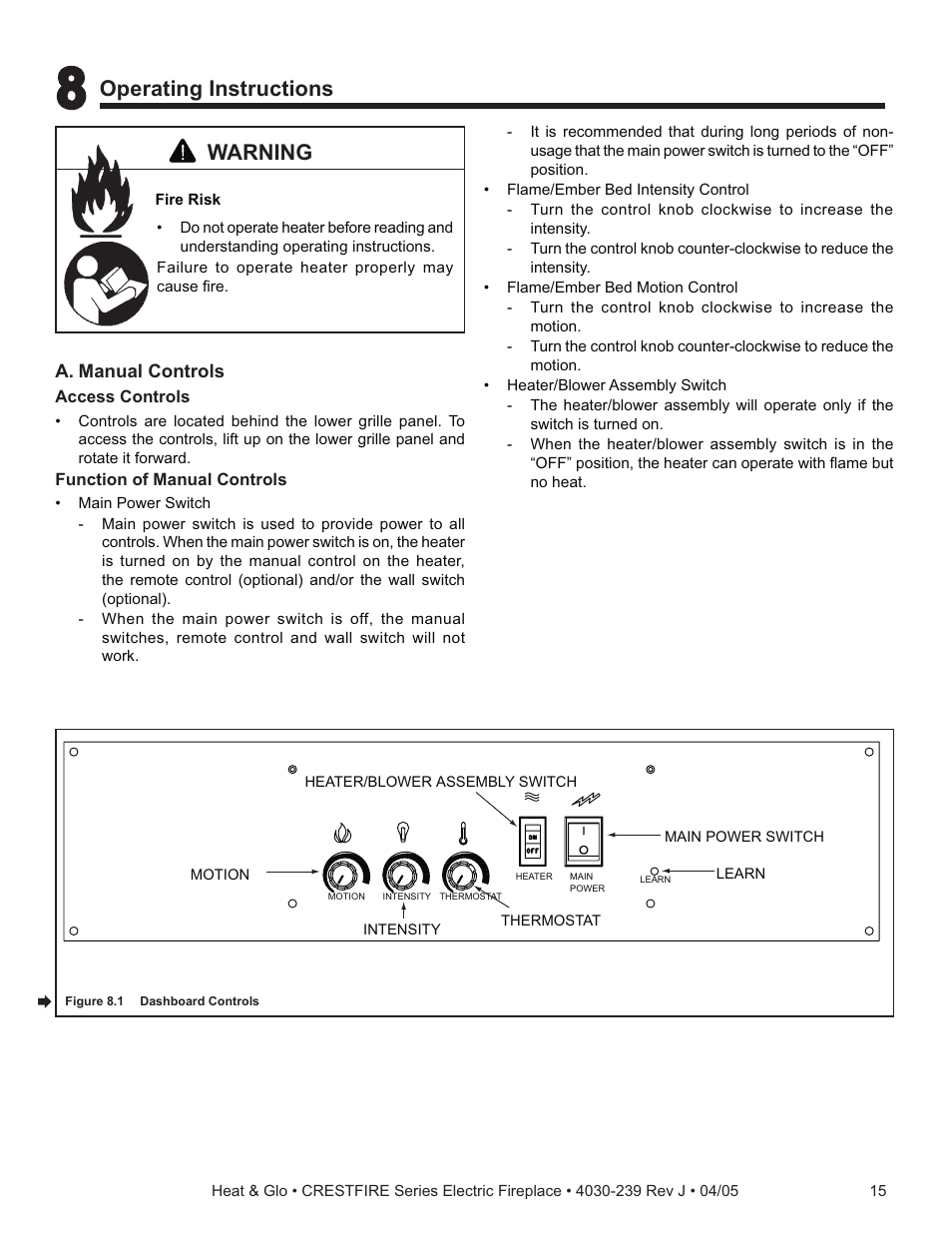 Warning, Operating instructions | Heat & Glo Fireplace CRESTFIRE CF550EV User Manual | Page 15 / 26