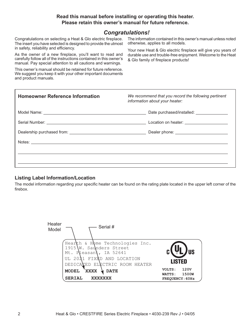 Heat & Glo Fireplace CRESTFIRE CF550EV User Manual | Page 2 / 26
