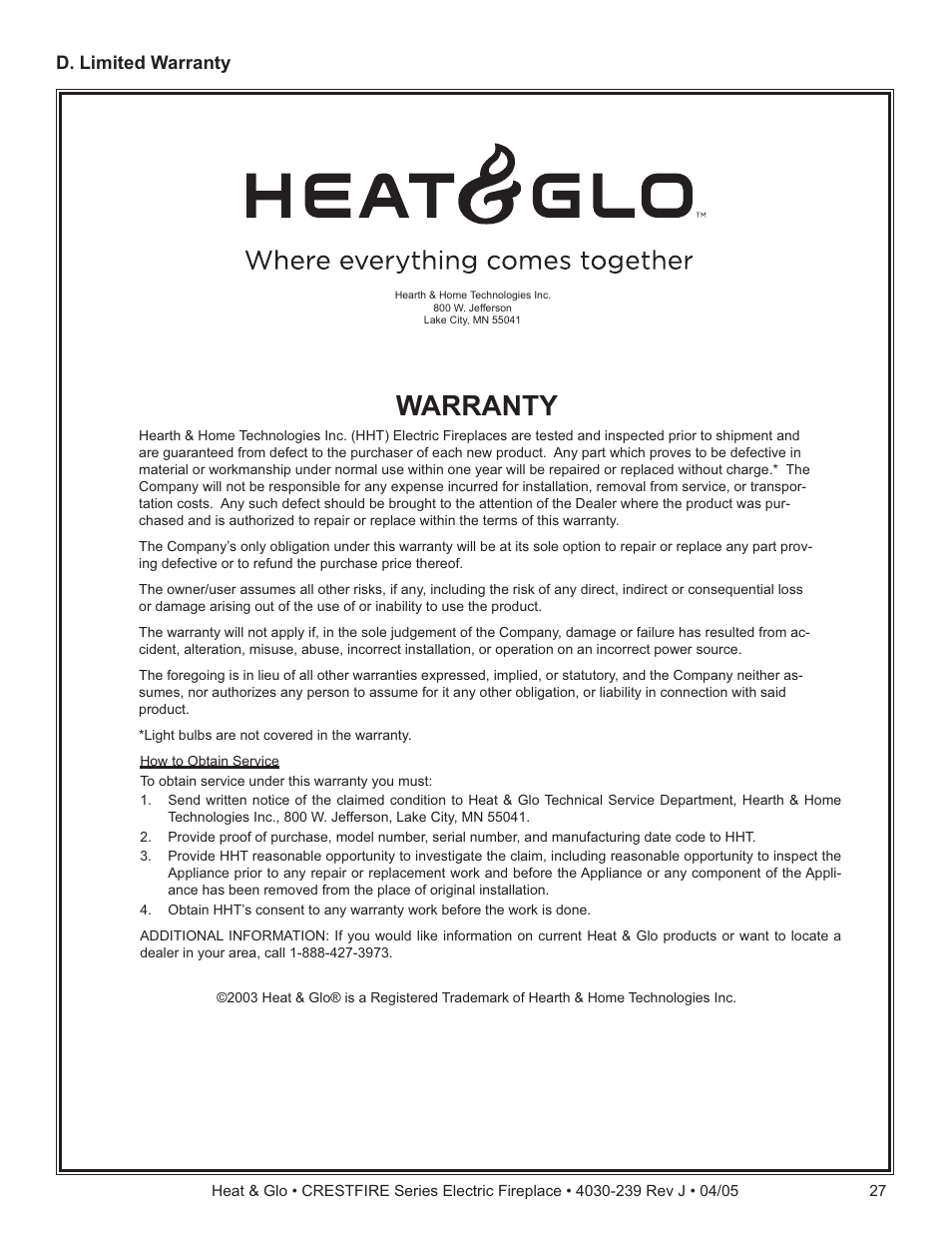 Warranty, D. limited warranty | Heat & Glo Fireplace CRESTFIRE CF550EV User Manual | Page 25 / 26