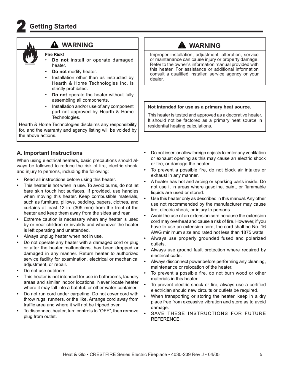 Warning, Getting started | Heat & Glo Fireplace CRESTFIRE CF550EV User Manual | Page 5 / 26