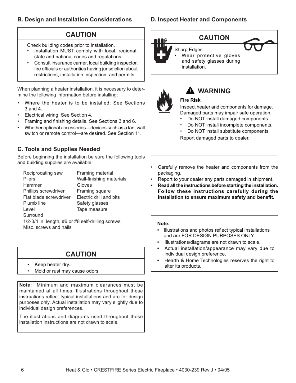 Caution, Warning | Heat & Glo Fireplace CRESTFIRE CF550EV User Manual | Page 6 / 26