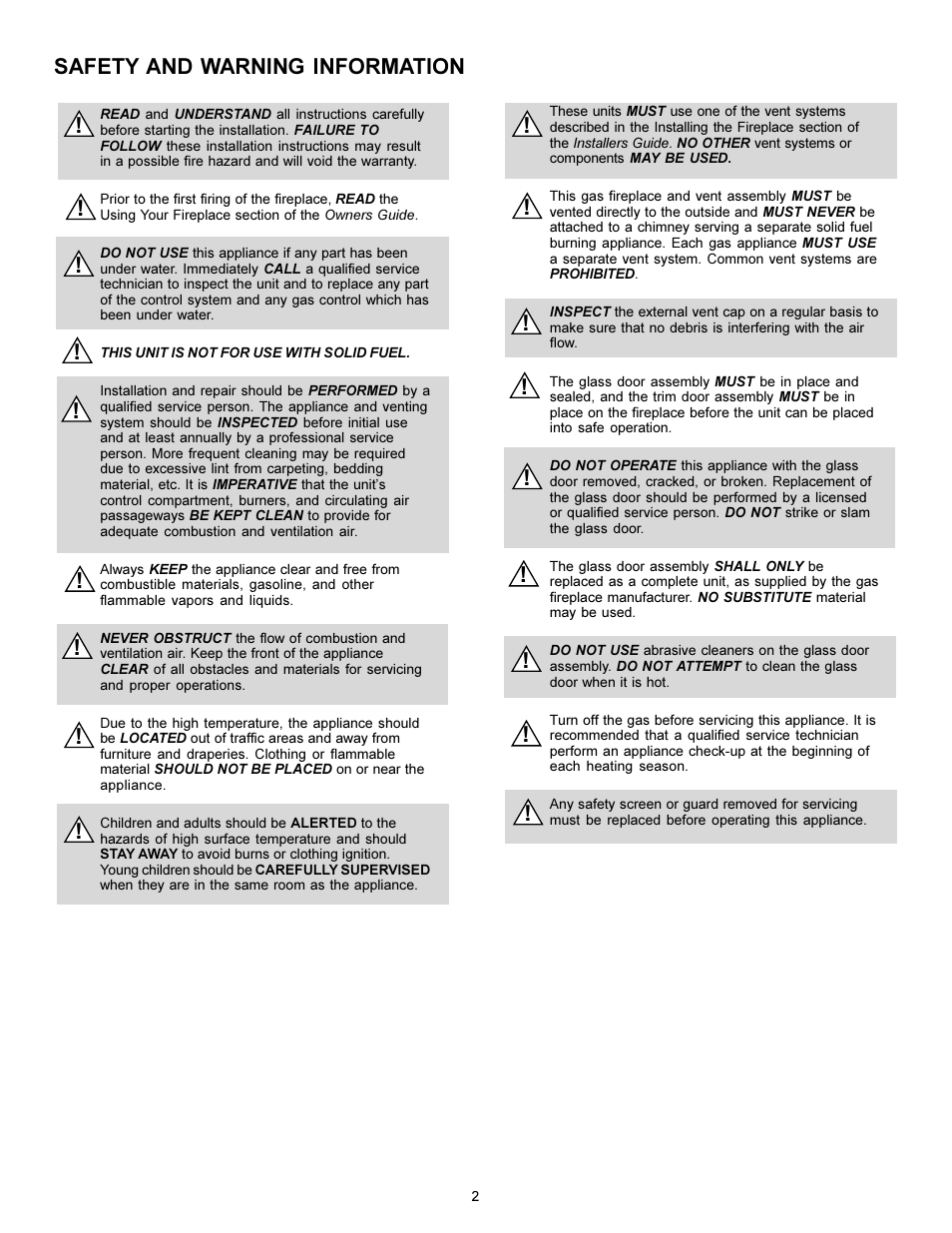 Safety & warning information, Safety and warning information | Heat & Glo Fireplace 7000XLS User Manual | Page 2 / 25