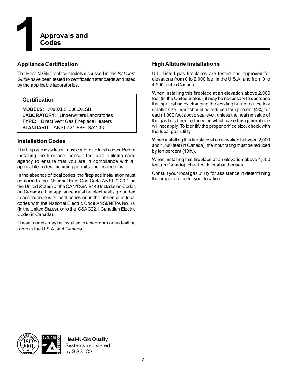 Section 1: approvals & codes, Approvals and codes | Heat & Glo Fireplace 7000XLS User Manual | Page 4 / 25