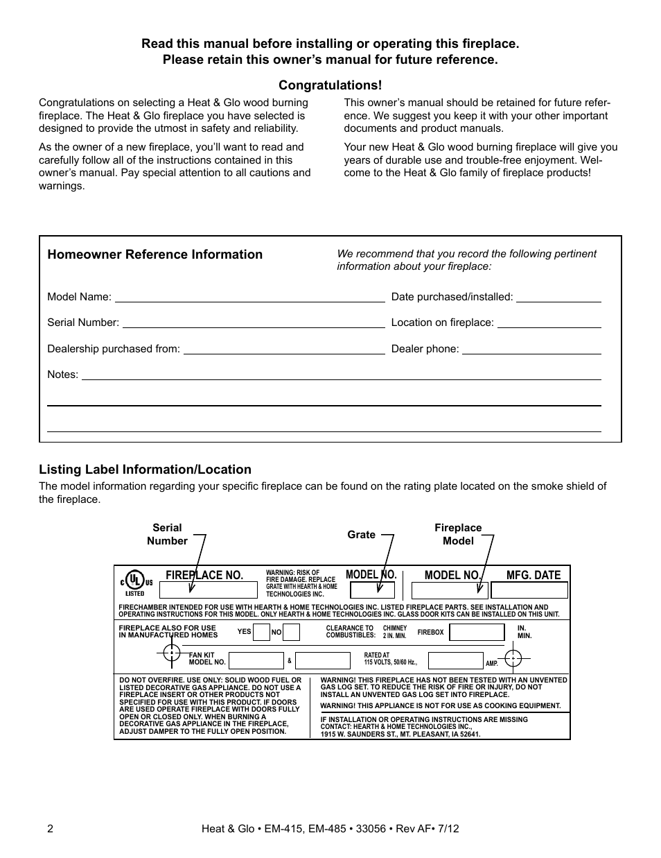 Listing label information/location, Fireplace no. model no. model no. mfg. date | Heat & Glo Fireplace EM-415 - 36 User Manual | Page 2 / 53