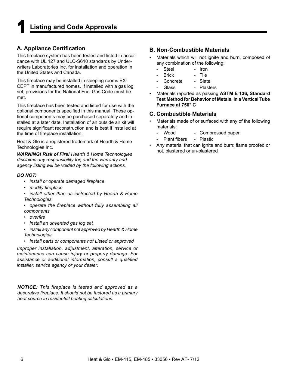 Listing and code approvals | Heat & Glo Fireplace EM-415 - 36 User Manual | Page 6 / 53